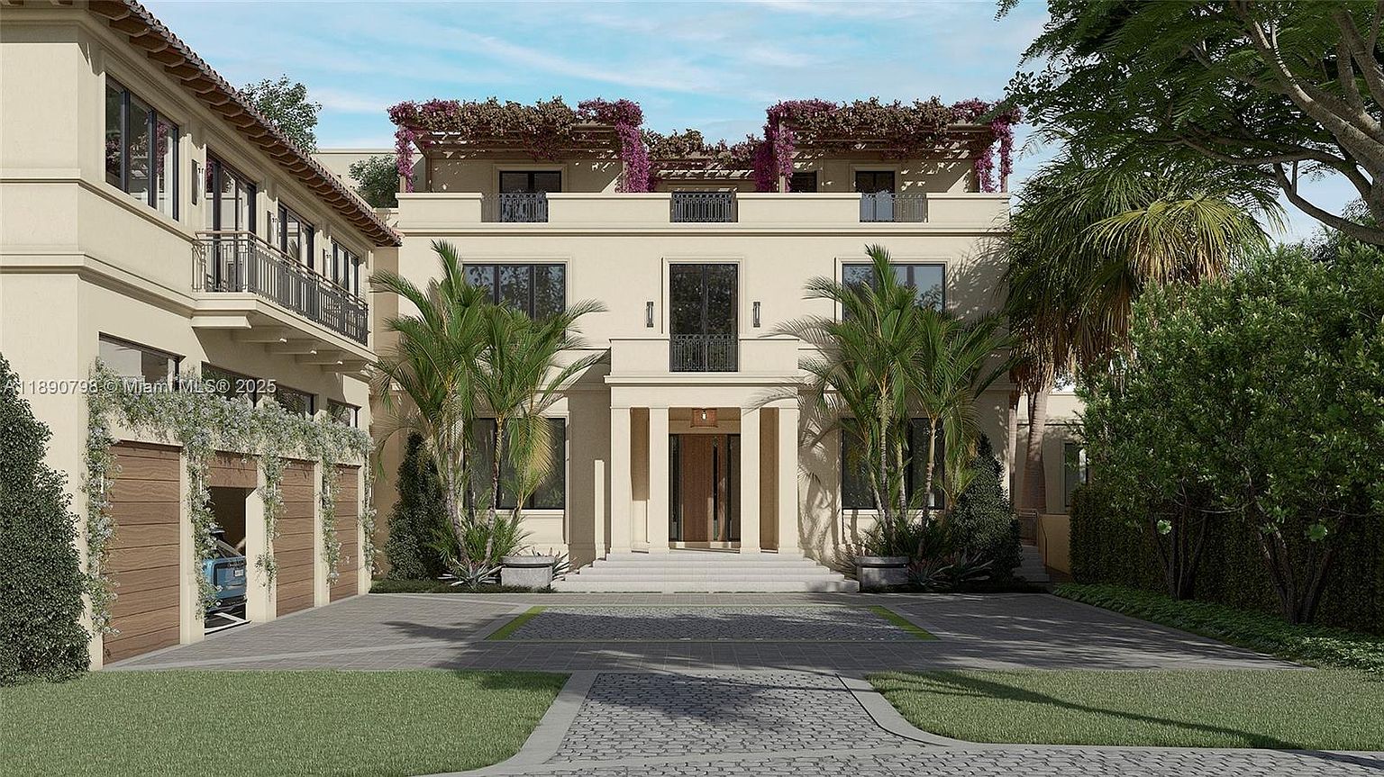 This is a front view of a luxurious, multi-story home with a symmetrical facade. The house features a neutral color palette, large windows, and a covered entryway with columns. Palm trees and manicured landscaping enhance the property's curb appeal, creating an impression of elegance and sophistication.
