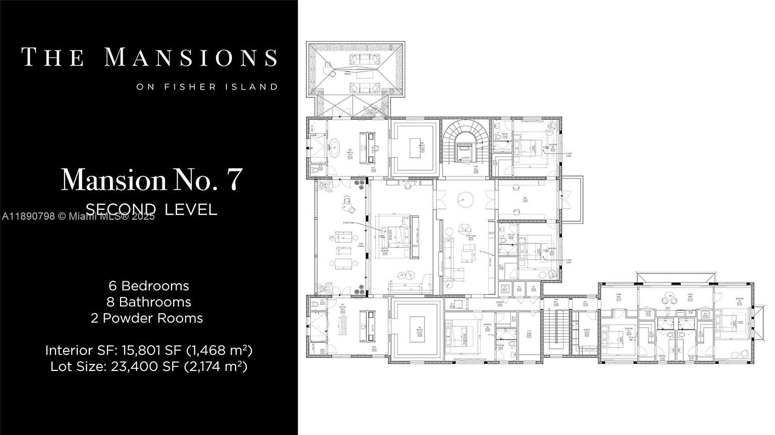 This image showcases the second-level floor plan of Mansion No. 7, detailing the layout of 6 bedrooms, 8 bathrooms, and 2 powder rooms within an interior space of 15,801 SF. The architectural drawing provides a comprehensive view of the room arrangements and spatial relationships, offering potential buyers a clear understanding of the property's design and dimensions.