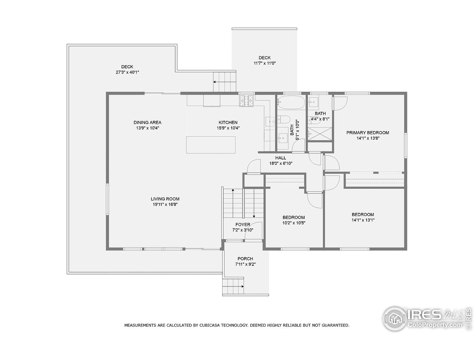 This is a floor plan of a house, showcasing the layout of rooms on a single level. The plan includes a living room, dining area, kitchen, primary bedroom, two additional bedrooms, two bathrooms, a hallway, foyer, porch, and two decks. The dimensions of each room are clearly labeled, providing a comprehensive overview of the property's spatial arrangement.