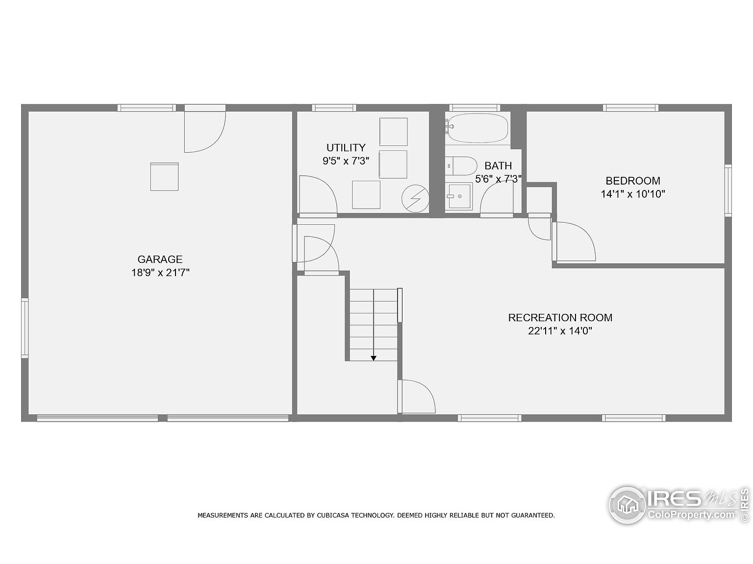 This image presents a detailed floor plan of a residential property, showcasing the layout of the basement level. The plan includes a garage, utility room, bathroom, bedroom, and a large recreation room, all labeled with their respective dimensions. The floor plan provides a clear understanding of the spatial relationships and sizes of the different areas within the basement.