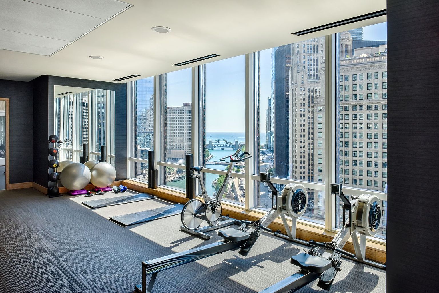 This modern home gym features a sleek, professional aesthetic with dark textured walls and a neutral carpeted floor. The space is defined by expansive floor-to-ceiling windows that provide a panoramic view of the city skyline and river below. Equipment includes two rowing machines, a stationary bike, and a rack of medicine balls, creating a functional and high-end workout environment.