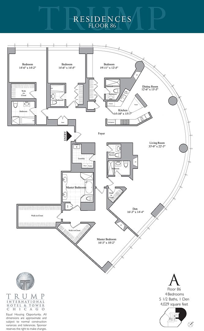 This image is a detailed architectural floor plan for a luxury residential unit on the 86th floor of the Trump International Hotel & Tower in Chicago. The layout features four bedrooms, five and a half bathrooms, a den, a spacious living room, and a kitchen, totaling 4,029 square feet. The design highlights a curved exterior wall with large windows, providing an expansive view, and includes multiple walk-in closets and dedicated laundry facilities.