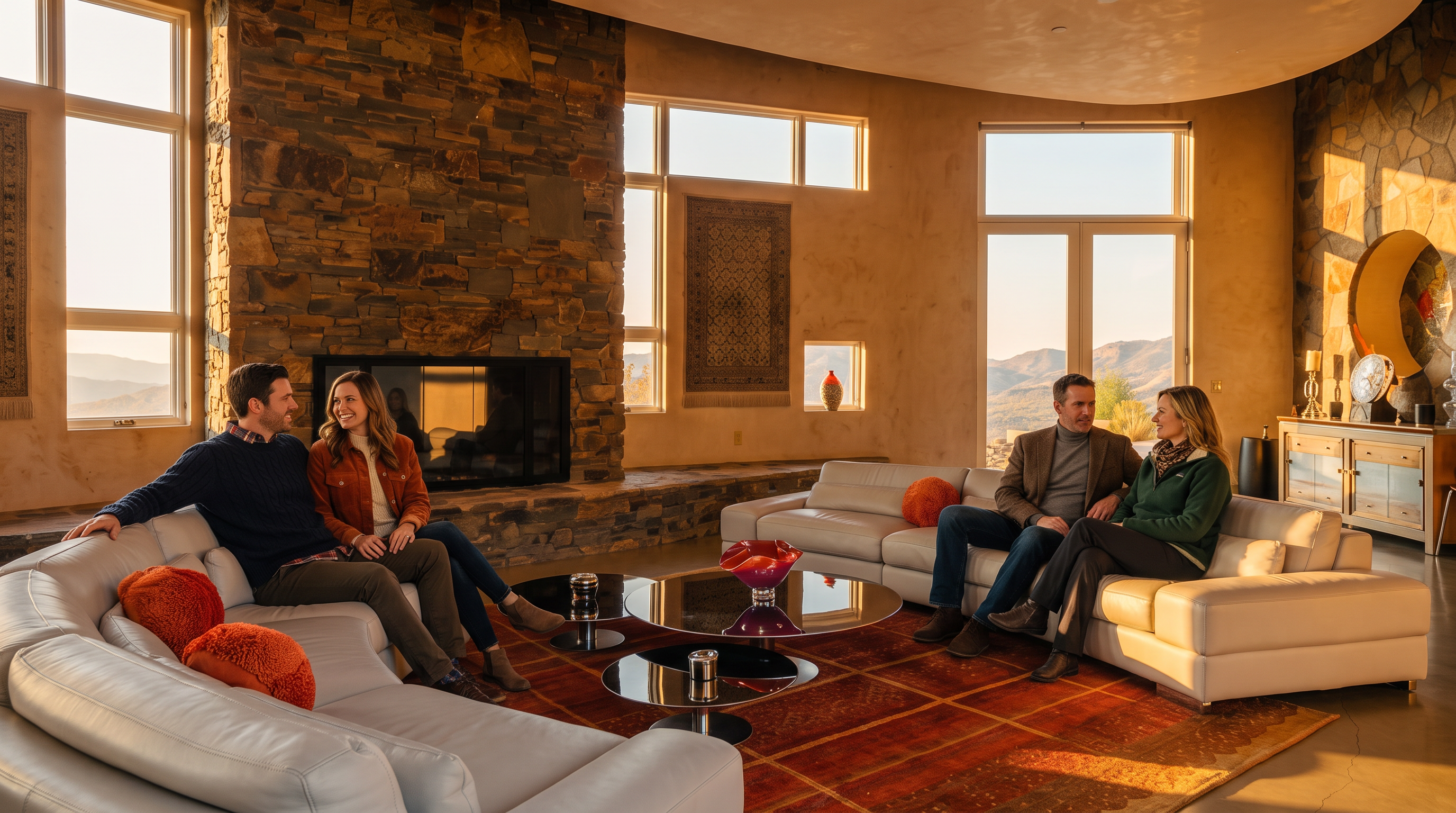 This expansive, open-concept living room features a striking curved ceiling design and polished concrete floors, creating a sophisticated modern aesthetic. A large, white sectional sofa is arranged around a central coffee table on a textured area rug, positioned near a prominent stone-clad chimney breast. The space flows seamlessly into an elevated dining area, with large windows providing abundant natural light and views of the surrounding landscape.
