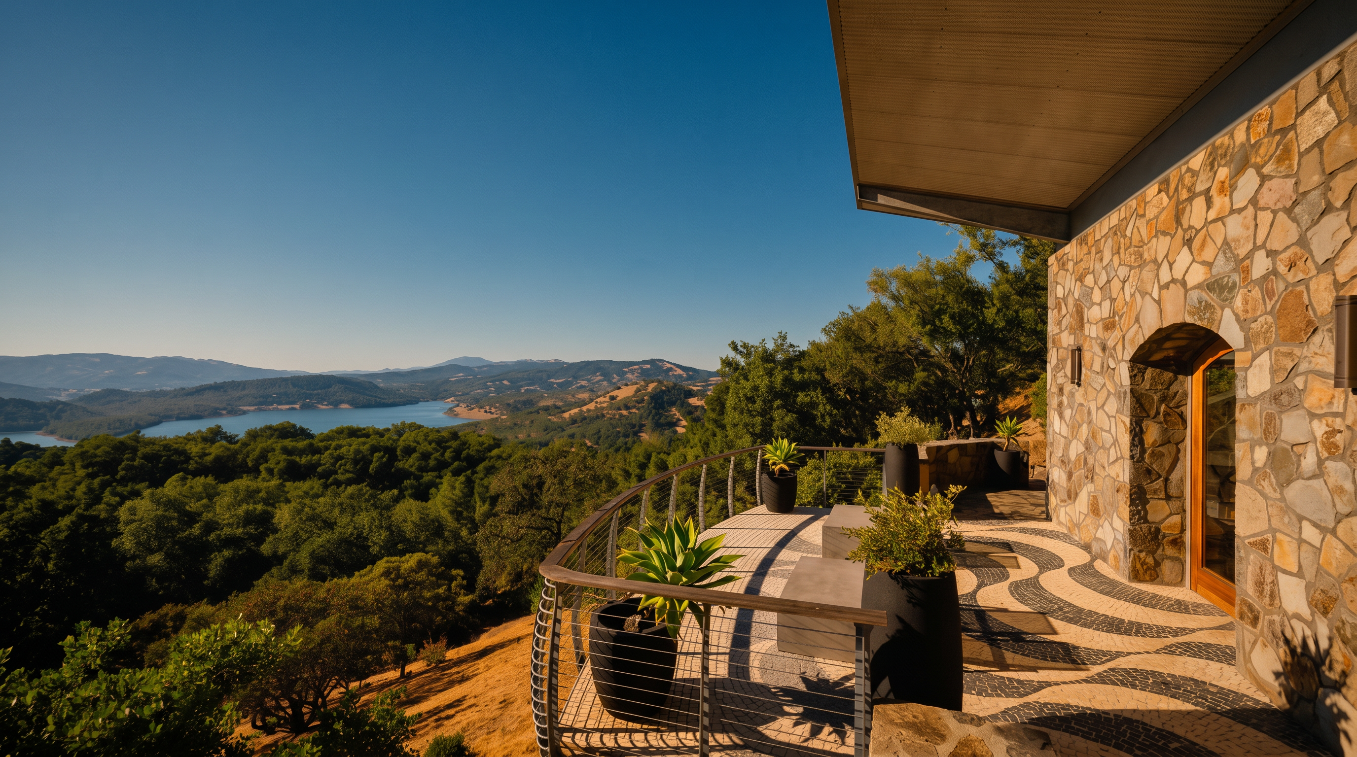 This elevated balcony offers a sweeping, panoramic view of a serene lake surrounded by rolling, tree-covered hills under a clear blue sky. The space features a curved railing with metal cables, a decorative stone-patterned floor, and several large potted plants that add greenery to the stone-clad exterior wall. The perspective is from a slightly elevated vantage point, capturing the seamless transition between the home's architectural stonework and the expansive natural landscape.