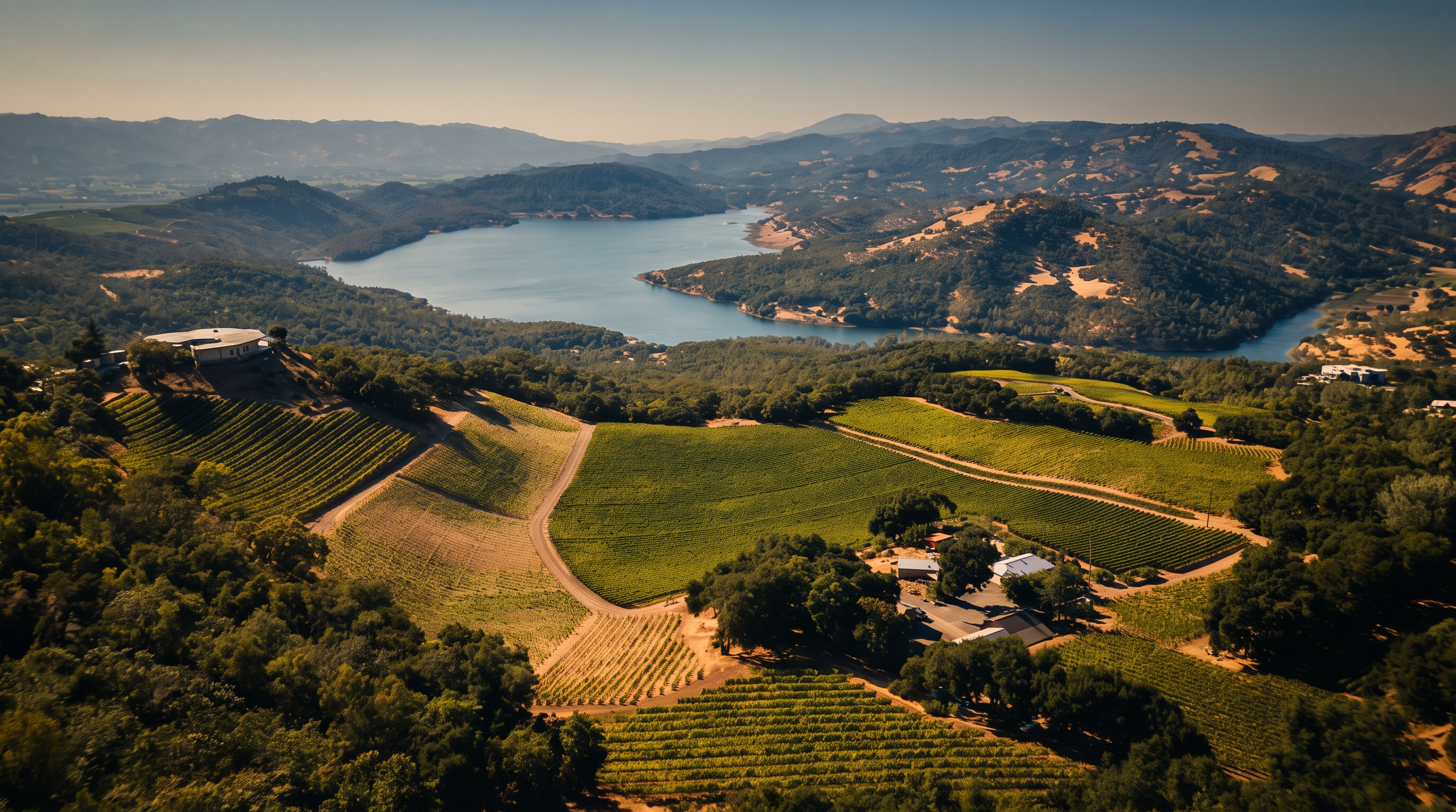 This expansive aerial view captures a sprawling vineyard estate nestled on a hillside overlooking a large, serene lake. The property features a distinctive circular residence perched on a ridge, surrounded by meticulously maintained rows of grapevines and lush, mature trees. The cinematic perspective highlights the vast scale of the landscape, emphasizing the peaceful, secluded nature of the estate and its stunning natural surroundings.