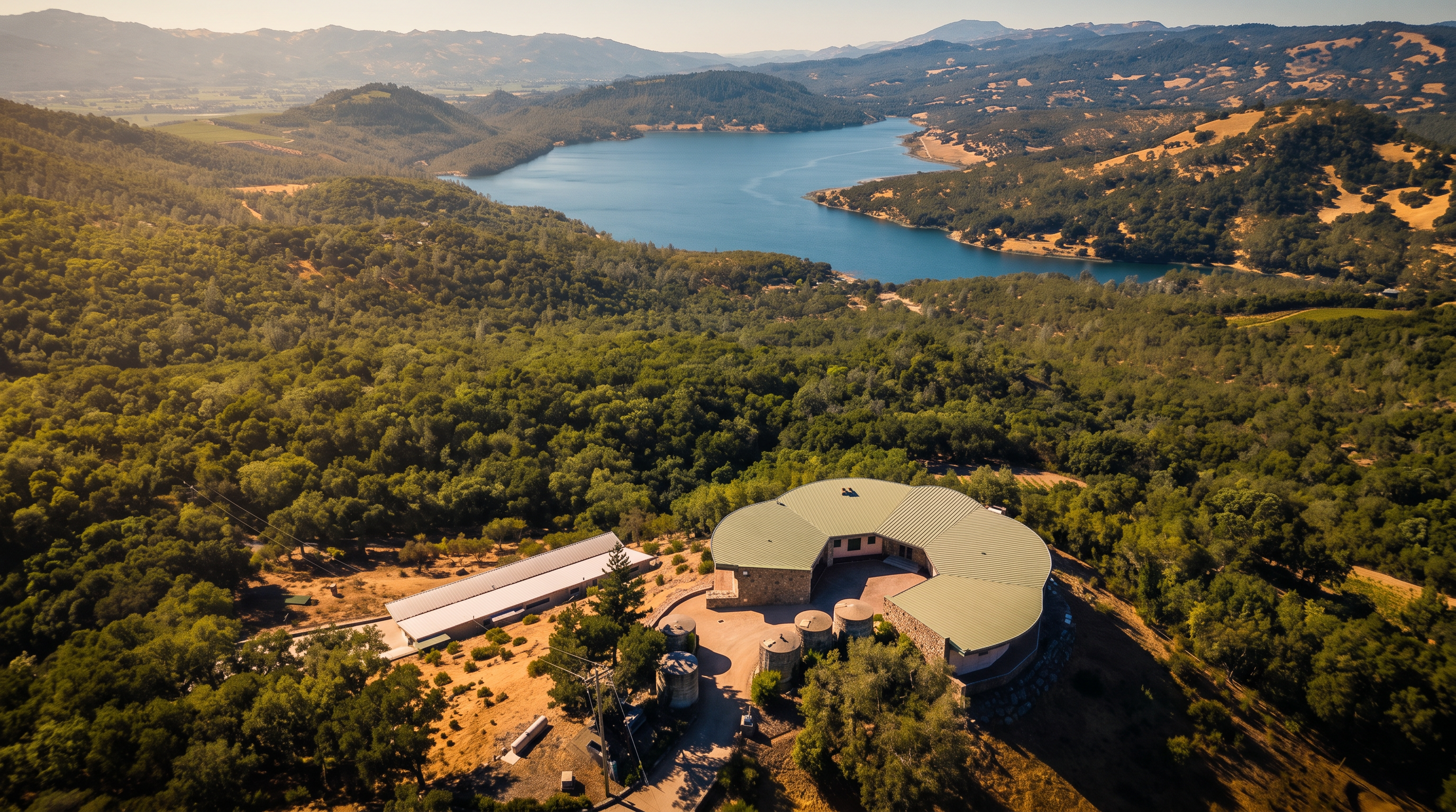 This high-angle aerial view captures a unique, crescent-shaped residence nestled within a dense, wooded landscape overlooking a large, serene lake. The property features a distinctive green roof, stone exterior walls, and a separate long, rectangular outbuilding, all set against a backdrop of rolling hills and clear blue skies. The perspective emphasizes the secluded, expansive nature of the estate and its integration into the natural terrain.