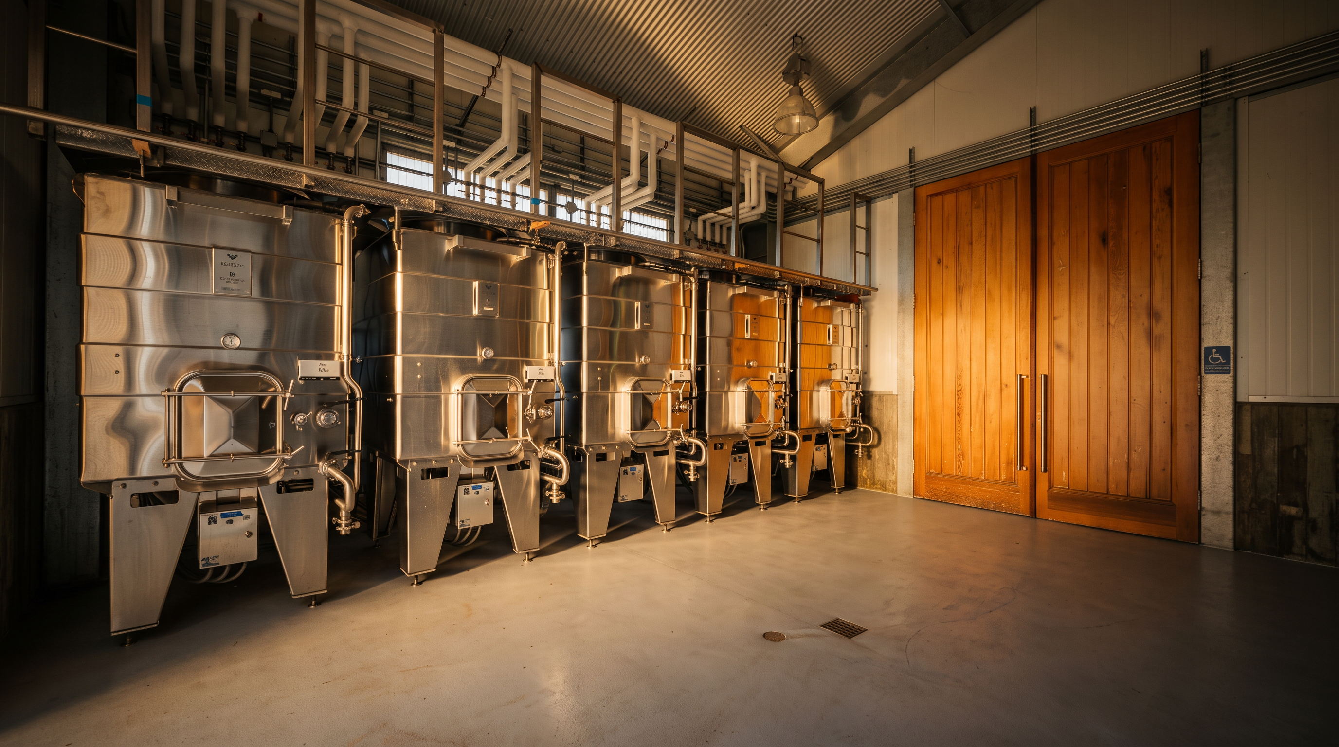 This industrial-style wine production space features a row of large, stainless steel fermentation tanks lined up against a wall. Above the tanks, a complex network of white piping and metal scaffolding is mounted to the corrugated metal ceiling. To the right, a set of tall, double wooden doors provides access, while the floor is finished in a smooth, light-colored concrete with a central drainage grate.