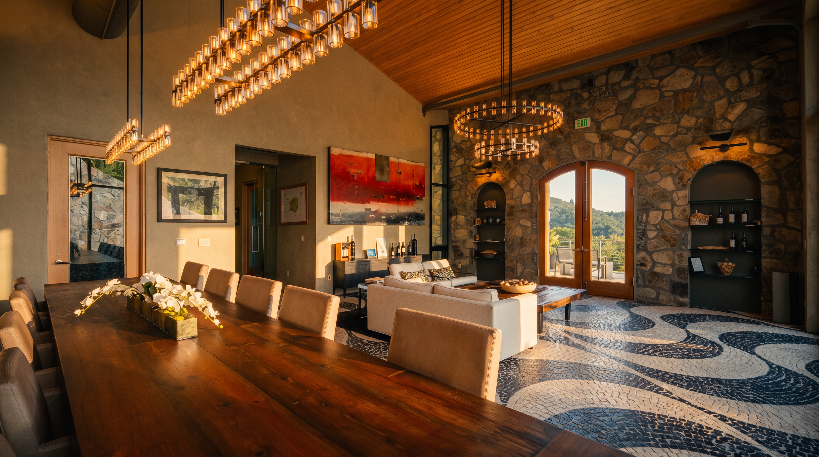This expansive open-concept living and dining area features a vaulted wood-paneled ceiling and a prominent stone-clad wall. The space is anchored by a long wooden dining table in the foreground and a comfortable seating area with a sofa and armchairs arranged on a dark rug. Large glass doors lead to an outdoor view, while unique tiered chandeliers provide warm, ambient lighting throughout the room.