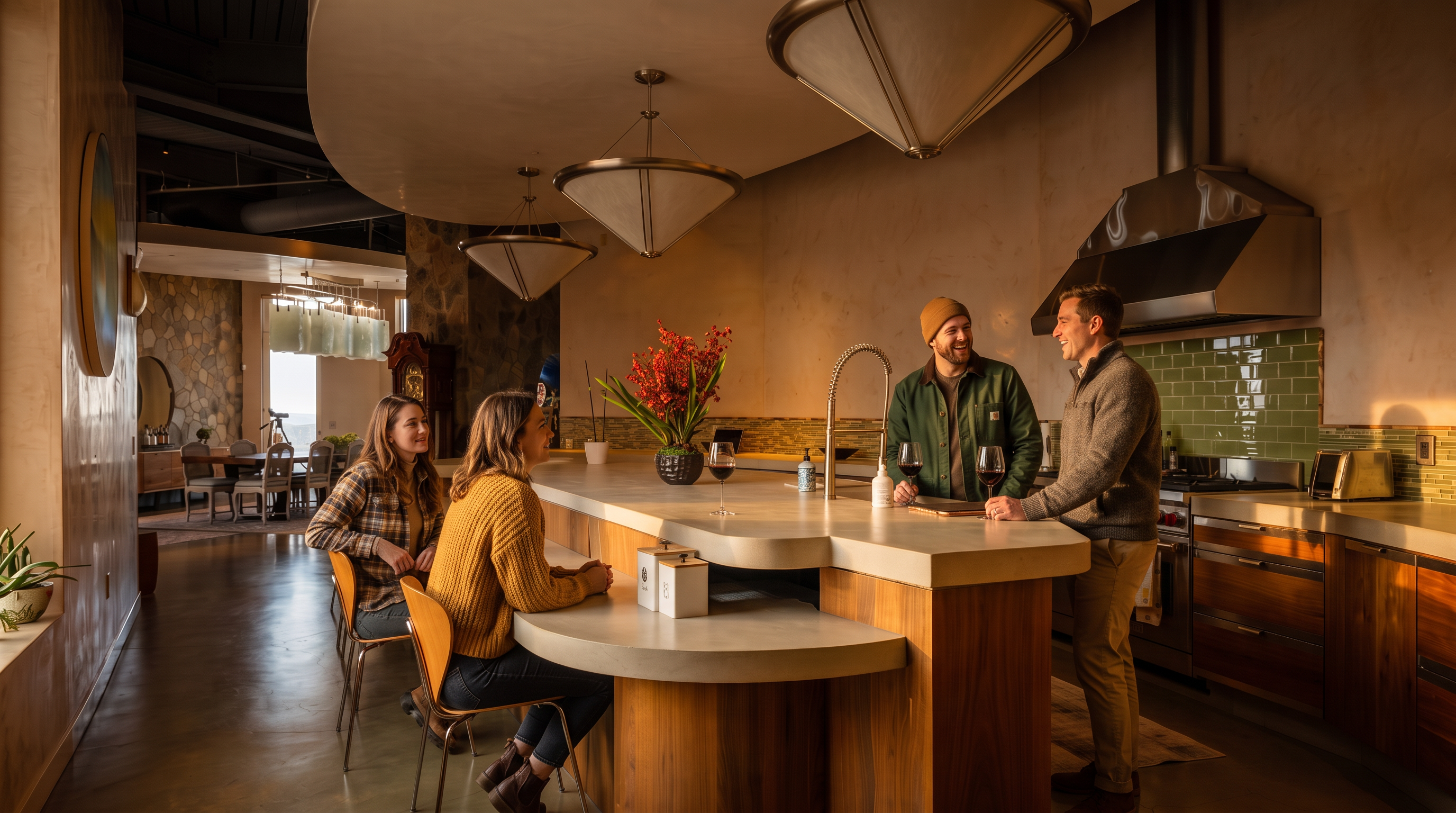 This spacious, open-concept kitchen features a large, curved island with a light-toned countertop and wood cabinetry, providing ample seating with several stools. A professional-grade stainless steel range with a matching hood is set against a green tiled backsplash, while three distinctive pendant lights hang from a curved, recessed ceiling feature. The perspective captures the kitchen in the foreground, looking toward an adjacent dining area with a stone-clad wall and a traditional grandfather clock.