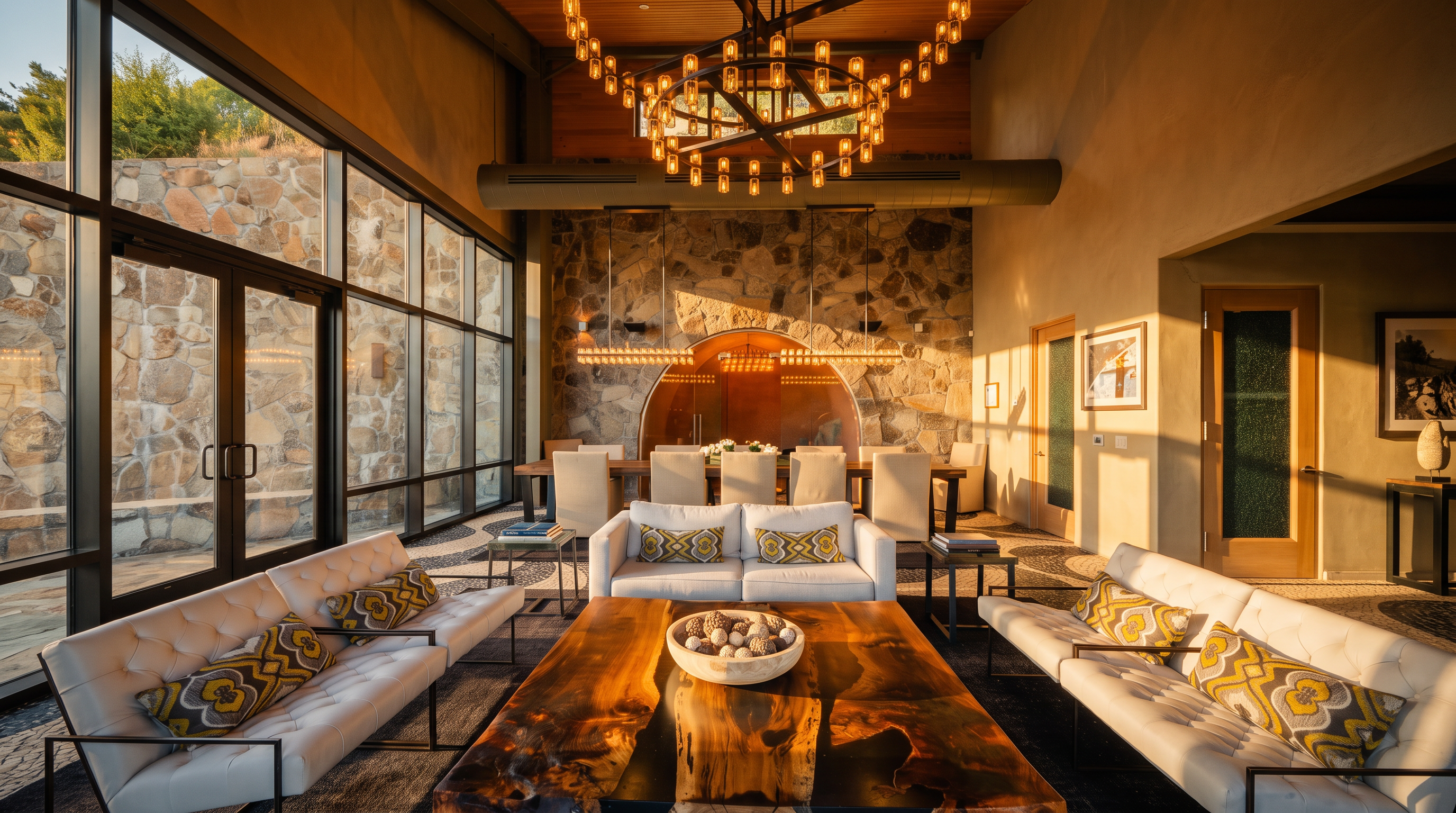 This expansive open-concept living and dining area features a dramatic stone-clad wall and a massive, circular chandelier suspended from a high wood-paneled ceiling. The foreground showcases a large, live-edge wood coffee table surrounded by white tufted sofas, while the background reveals a formal dining set positioned in front of a unique arched glass entryway. The space is defined by its grand scale, natural textures, and a sophisticated blend of rustic stone and modern architectural elements.