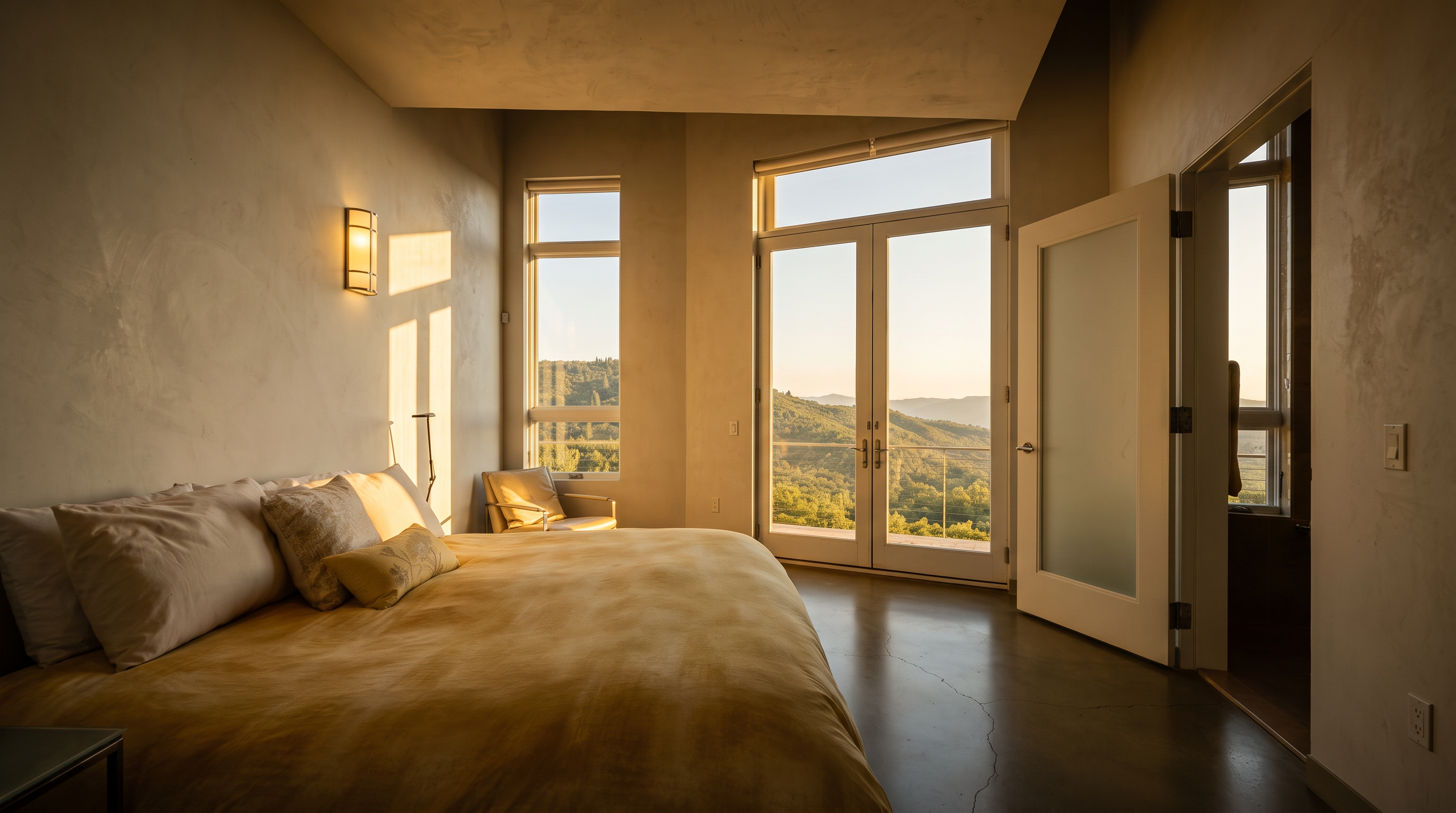 This primary bedroom features a minimalist aesthetic with polished concrete floors and a neutral color palette. Large glass doors open to a balcony, providing expansive views of the surrounding hills, while a wall-mounted light fixture adds a warm glow to the space. The room is furnished with a large bed topped with a textured yellow coverlet and a simple armchair tucked near the window.