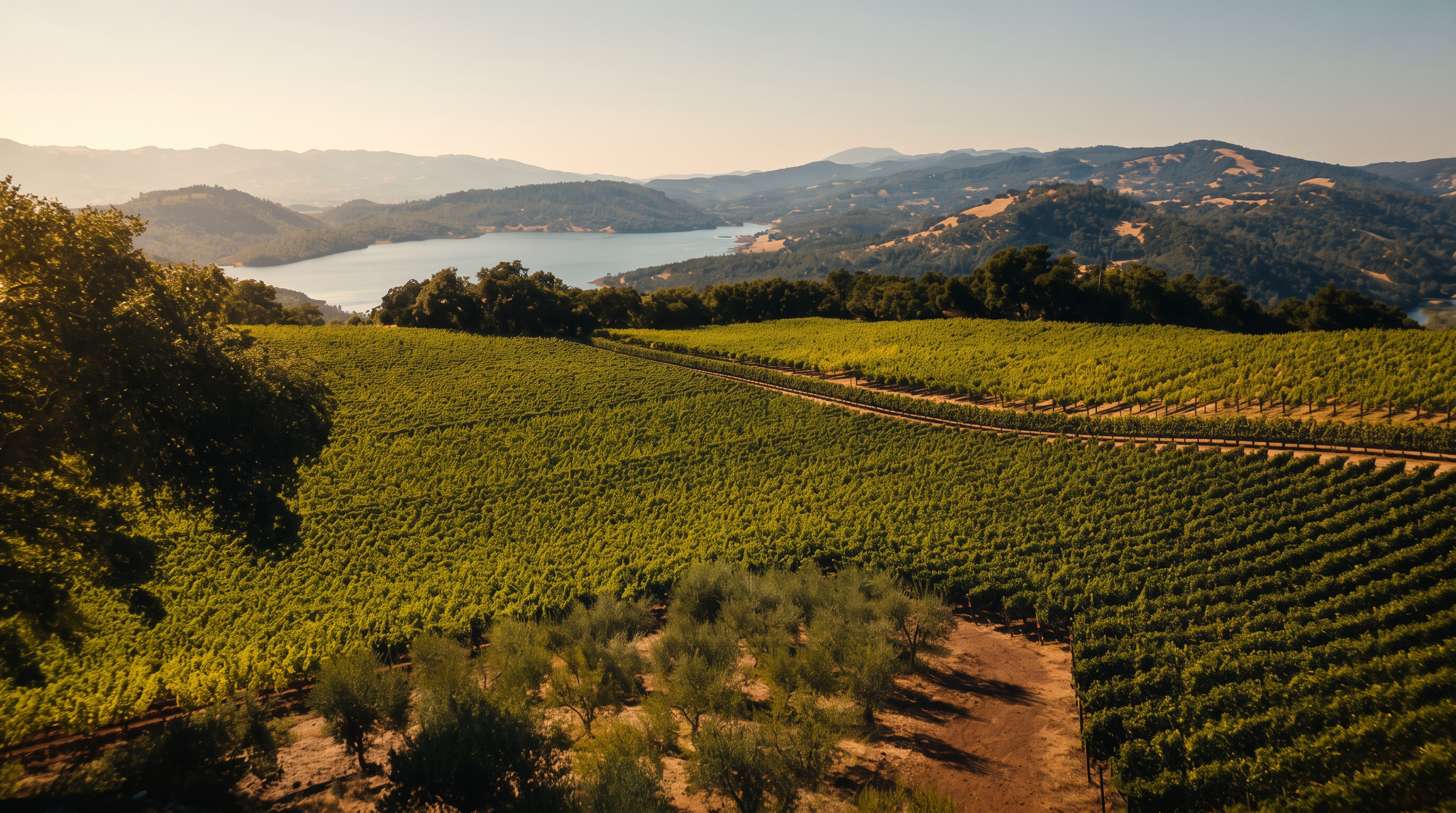 This high-angle aerial view captures a sprawling vineyard landscape set against a backdrop of rolling hills and a large, serene lake. The foreground features rows of lush green grapevines and a small grove of olive trees, leading the eye toward the expansive water view under a clear blue sky. The perspective emphasizes the vastness and natural beauty of the property's location, suggesting a peaceful and scenic rural setting.