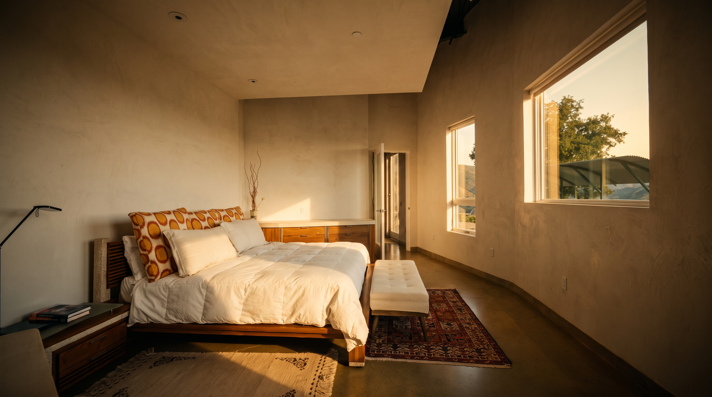 This spacious primary bedroom features a minimalist aesthetic with smooth, light-colored walls and polished concrete flooring. A large bed with a wooden frame and patterned accent pillows serves as the focal point, complemented by a white bench at the foot and a vibrant, traditional-style area rug. Large windows along the right wall provide ample natural light and a view of the outdoors, while a wooden dresser and a secondary rug add warmth to the clean, open layout.
