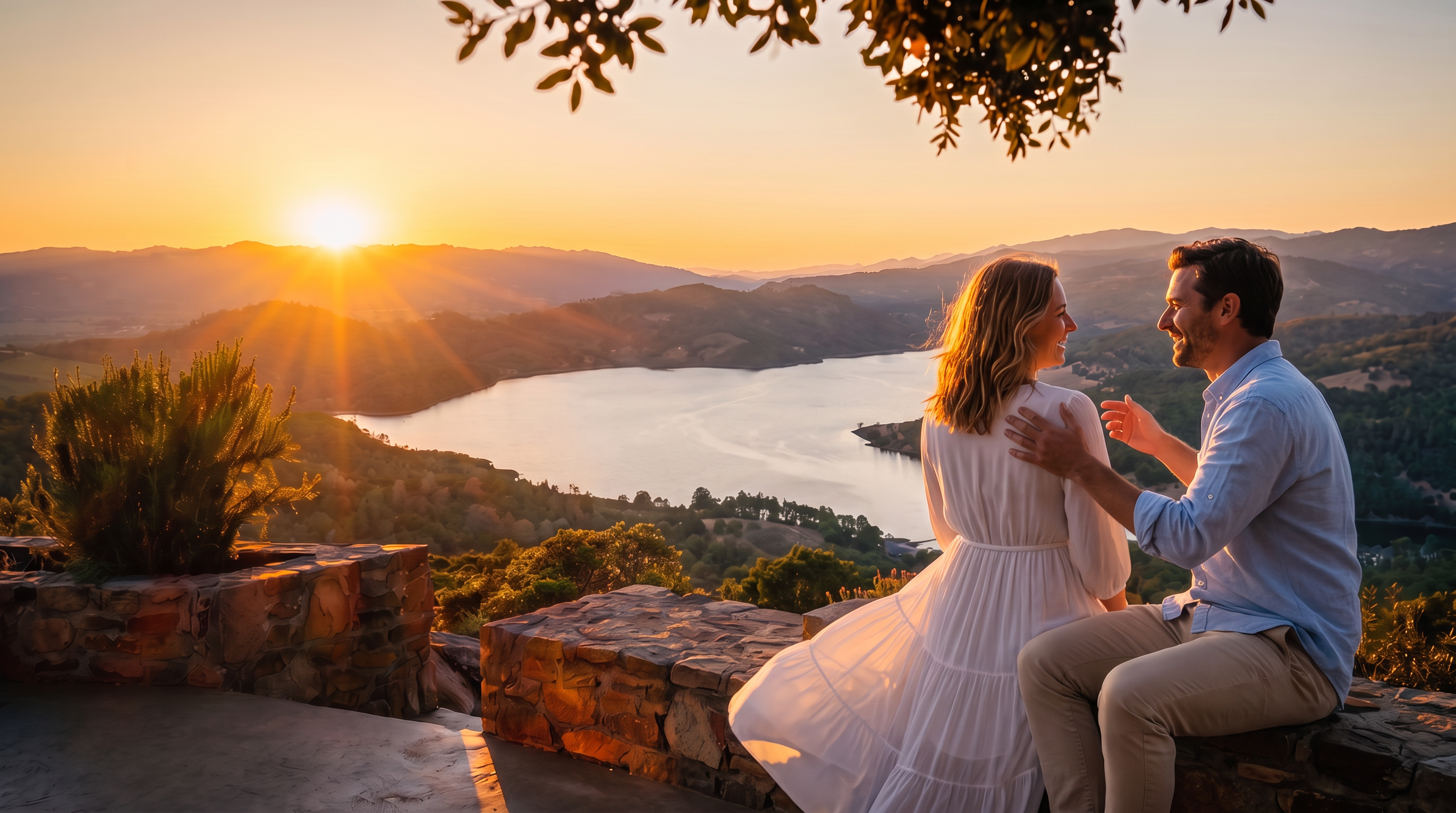 This stunning elevated vantage point captures a panoramic sunset view over a serene lake surrounded by rolling, tree-covered hills. In the foreground, a rustic stone retaining wall with integrated planters creates a natural frame for the expansive landscape. The scene is bathed in the warm, golden light of the setting sun, highlighting the textured stone masonry and the lush greenery of the surrounding environment.