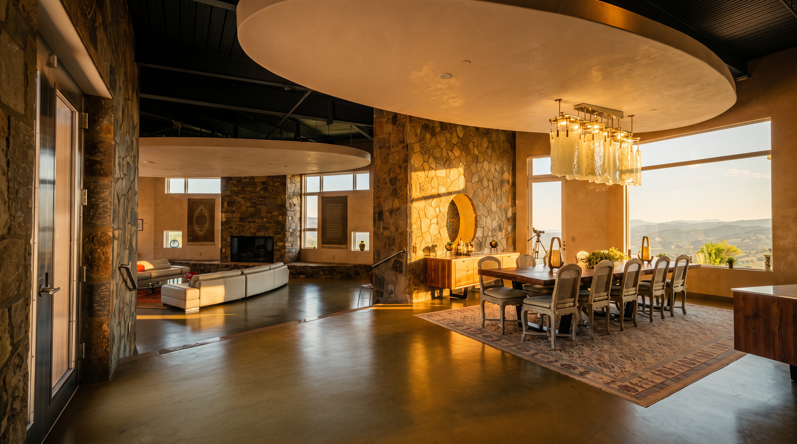 This expansive open-concept living and dining area features polished concrete floors and dramatic, large circular architectural ceiling elements. The space is anchored by a stone-clad chimney breast in the living area and a long wooden dining table illuminated by a modern glass chandelier. Large windows provide panoramic views of the surrounding landscape, creating a bright and airy atmosphere with a sophisticated, contemporary aesthetic.