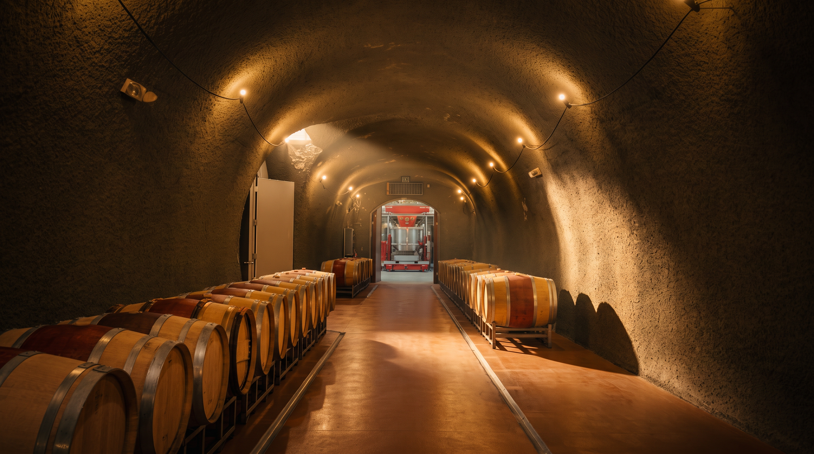 This professional-grade wine cellar features a long, arched tunnel design with textured, earth-toned walls and warm overhead string lighting. Rows of wooden wine barrels are neatly arranged on metal racks along both sides of a central walkway, leading toward an open doorway at the far end. The perspective is a symmetrical, eye-level shot looking down the center of the corridor, emphasizing the depth and industrial scale of the storage facility.