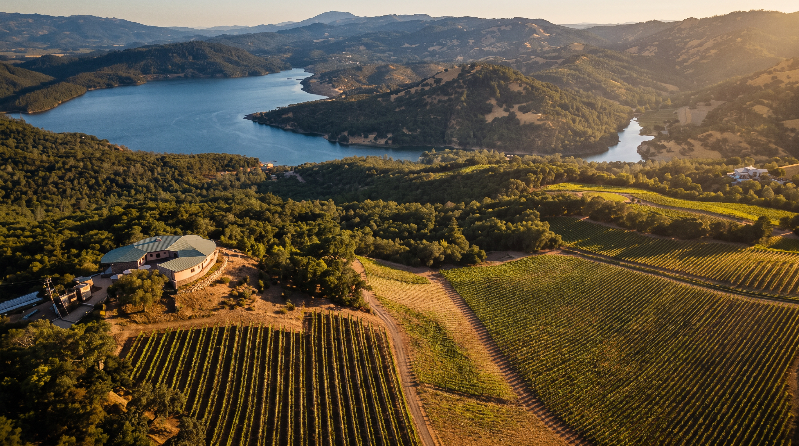 This expansive aerial view captures a unique, curved residence perched on a hillside overlooking a vast, serene lake and rolling, tree-covered mountains. The property features extensive, well-manicured vineyards that stretch across the landscape, highlighting the estate's agricultural potential and scenic beauty. The perspective provides a grand, cinematic overview of the secluded location, emphasizing the integration of the home into the natural topography.