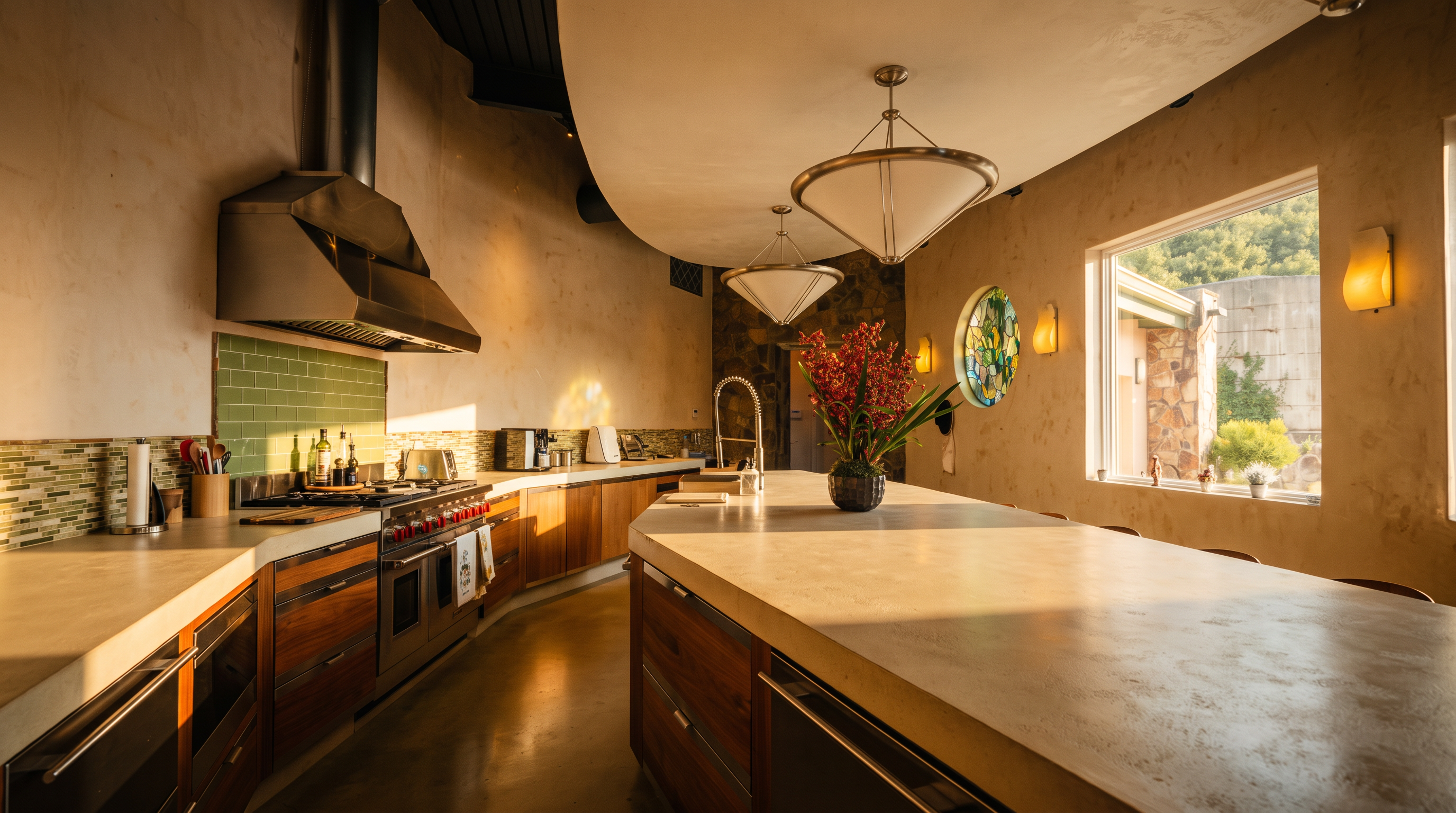 This spacious, modern kitchen features a long central island with a light-toned countertop and wood-front cabinetry. A large stainless steel range with a prominent vent hood serves as the focal point against a green tiled backsplash, while the room is illuminated by unique pendant lighting and natural light from a large window. The space showcases a blend of industrial elements, such as the exposed metal ceiling structure, and warm, textured finishes.