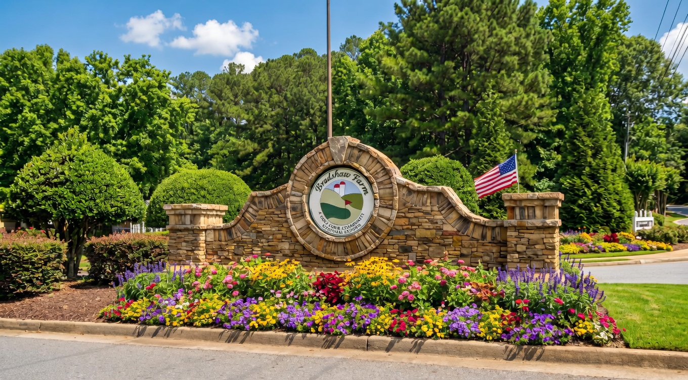 This image features the stone-constructed entrance sign for the Bradshaw Farm golf club community, set against a backdrop of lush green trees. The sign is adorned with a vibrant, multi-colored flower bed at its base and an American flag waving to the right. The perspective is a straight-on, eye-level shot that captures the welcoming and well-maintained aesthetic of the neighborhood entrance.