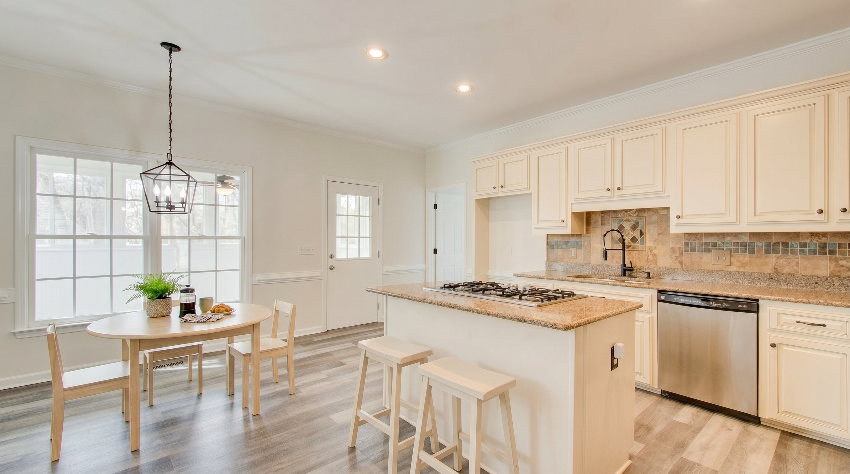 This bright and functional kitchen features off-white cabinetry, speckled granite countertops, and stainless steel appliances, including a stovetop integrated into the center island. The space is complemented by a casual dining area bathed in natural light from large windows and is set against a backdrop of wood-look luxury vinyl plank flooring, creating an inviting and open layout.
