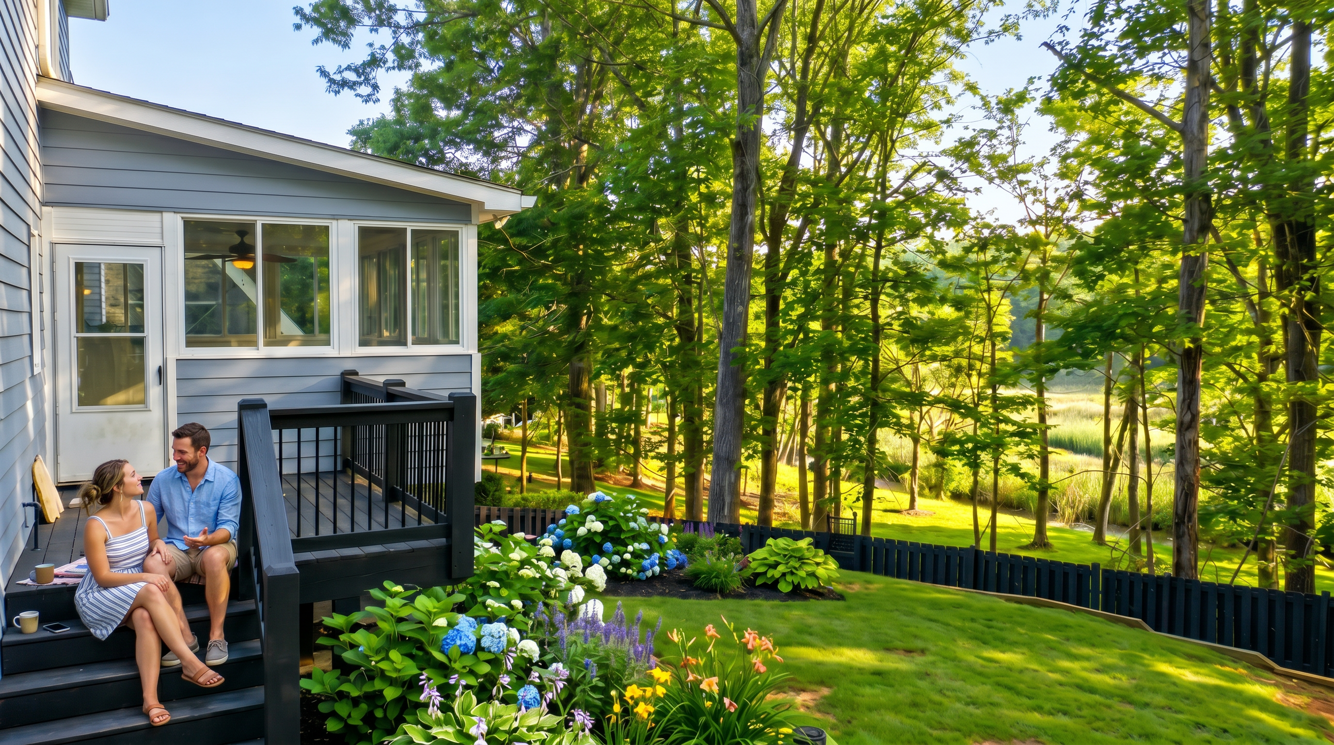 This image captures a wooden deck attached to a light blue house, featuring a screened-in porch area and a staircase leading down to the yard. The deck overlooks a sloped backyard enclosed by a black wooden fence, with a scenic view of a wooded area and a distant field beyond. The perspective is from the deck looking out, emphasizing the transition between the home's outdoor living space and the natural landscape.