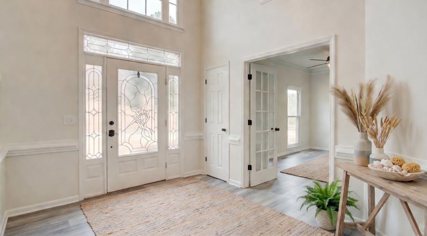 This bright and airy foyer features elegant wainscoting, light wood-style flooring, and a soaring two-story ceiling that creates a welcoming entrance. The space is tastefully furnished with comfortable rattan accent chairs, a natural fiber rug, and a rustic console table, establishing a cohesive coastal-inspired aesthetic. Glass-paneled French doors and a grand front door with decorative sidelights allow for abundant natural light to fill the area.