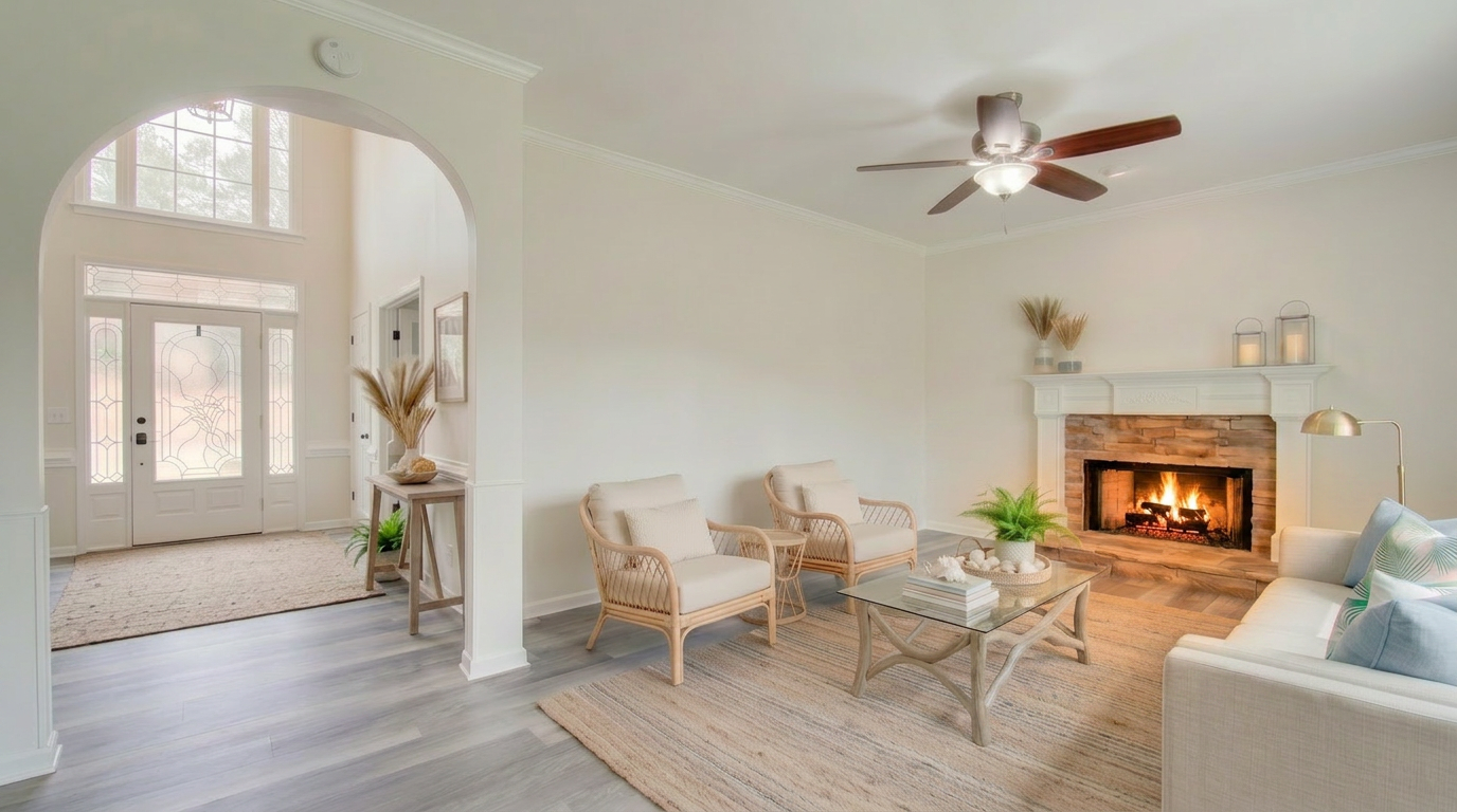 This inviting living room features a stone fireplace as a central focal point, complemented by light-filled neutral walls and modern wood-look flooring. The space is furnished with airy, coastal-inspired pieces, including light beige armchairs and a glass-topped coffee table, creating a bright and welcoming atmosphere. An arched architectural opening leads into a spacious entryway, emphasizing an open-concept flow perfect for comfortable, contemporary living.