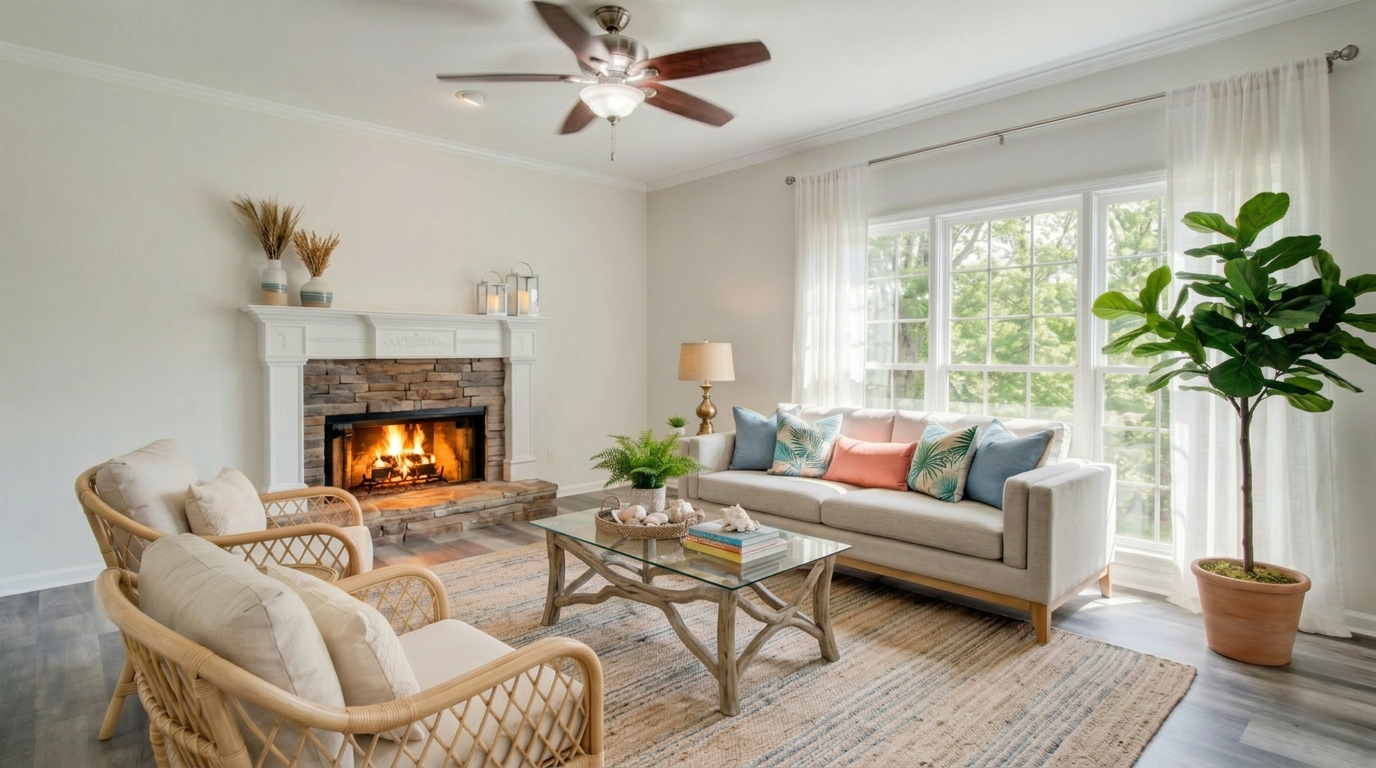This inviting living room features a cozy stone fireplace, natural wood accents, and light-filled windows adorned with soft curtains. The space is furnished with a neutral-toned sofa, rattan accent chairs, and a glass-topped root-base coffee table, creating a bright and airy coastal-inspired aesthetic. A large fiddle leaf fig plant adds a touch of greenery, enhancing the serene and inviting atmosphere of the room.