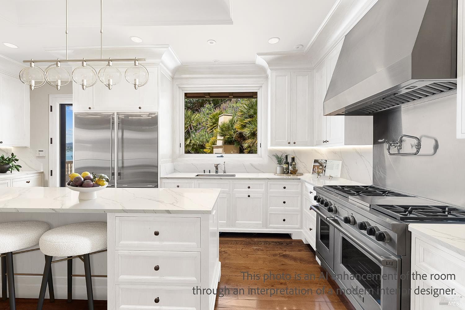 This bright, modern kitchen features white cabinetry, a large central island with stone countertops, and high-end stainless steel appliances. A large window above the sink provides a view of the outdoors, while a multi-globe pendant light fixture hangs above the island. The space is finished with warm wood flooring and a professional-grade range, creating a clean and inviting atmosphere.