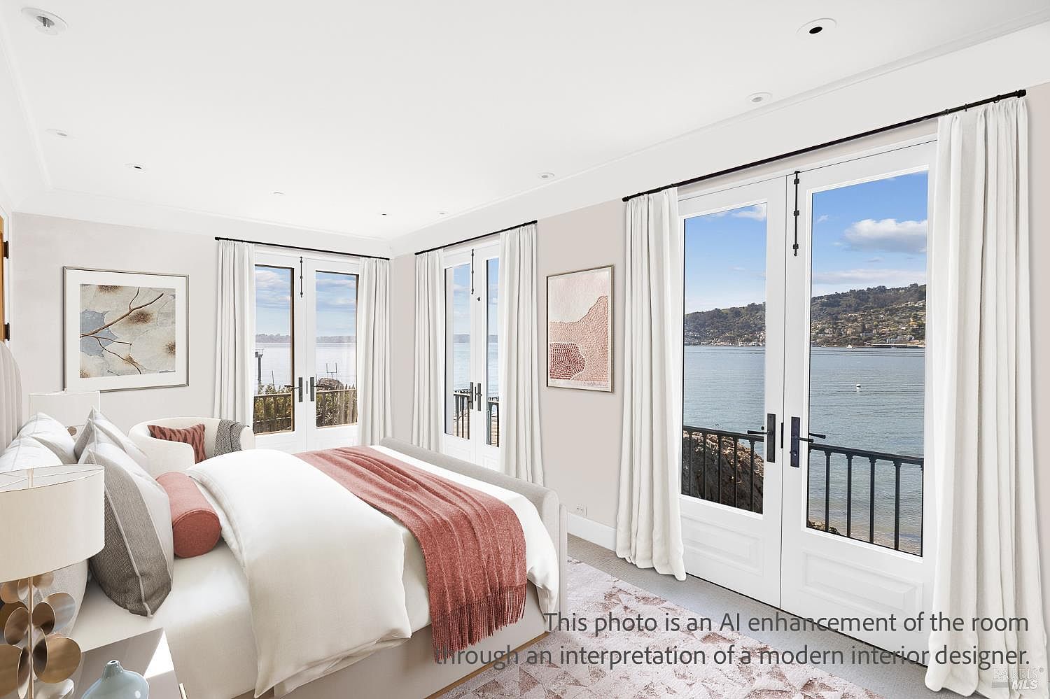 This bright and airy primary bedroom features a plush bed dressed in neutral linens with a warm-toned throw blanket. Large glass doors open to a balcony, providing expansive, unobstructed views of the water and distant hills. The room is decorated with minimalist art and soft, light-colored textiles, creating a serene and sophisticated atmosphere.