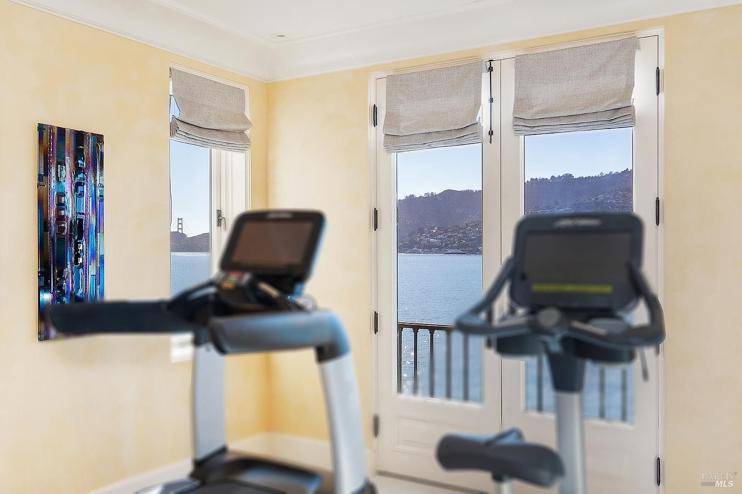 This home gym features two pieces of exercise equipment positioned to face a set of glass doors that open onto a balcony. The room is painted in a soft, warm yellow tone and includes a piece of abstract, multi-colored wall art. The large windows and glass doors provide an expansive, scenic view of the water and distant hills, creating a bright and motivating atmosphere for a workout.