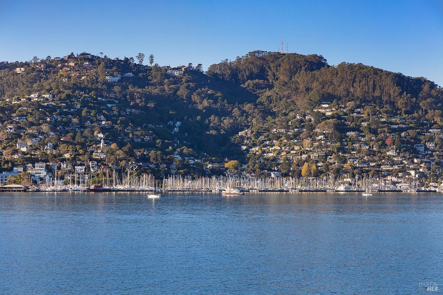 This wide-angle landscape shot captures a scenic waterfront view of a hillside community nestled against a lush, forested mountain. Numerous residential homes are scattered across the slope, overlooking a dense marina filled with sailboats and yachts docked in the calm water. The perspective is from across the bay, emphasizing the serene coastal lifestyle and the integration of the neighborhood into the natural terrain.