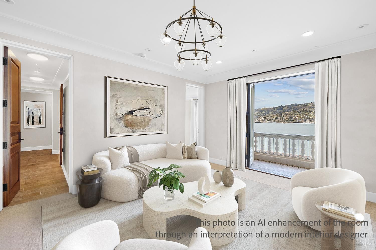 This bright and airy living room features a curved, cream-colored sofa and a unique, organic-shaped stone coffee table as its centerpiece. Large glass doors open to a balcony with a scenic water view, allowing natural light to fill the neutral-toned space. The room is accented by a modern tiered chandelier and a large abstract painting, creating a sophisticated and tranquil atmosphere.