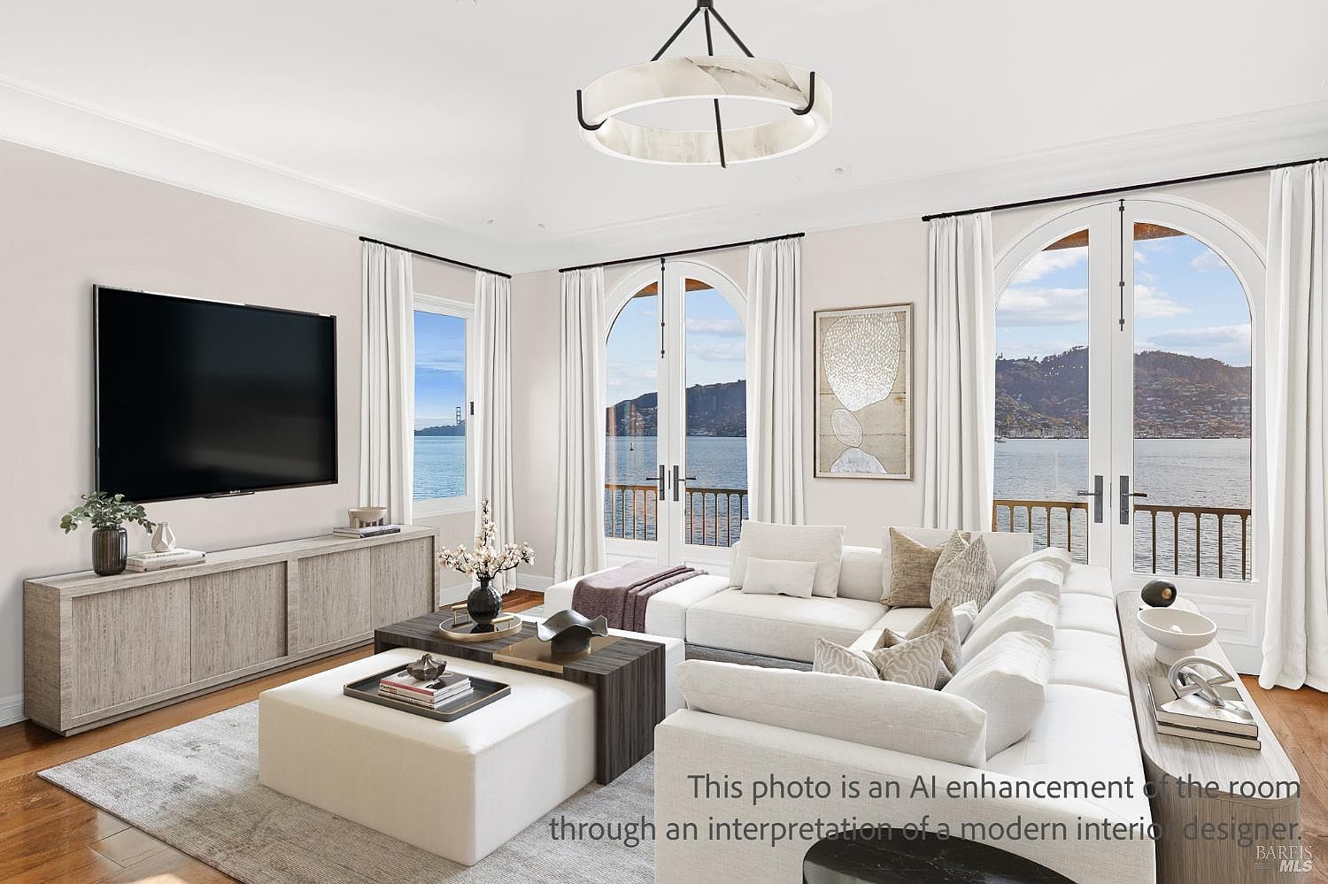 This bright and airy living room features a large sectional sofa, a light wood media console, and a central coffee table arrangement. The space is defined by its tall arched glass doors that provide expansive water views and allow for abundant natural light. A modern, circular chandelier serves as a focal point, while the neutral color palette and clean lines create a sophisticated, contemporary atmosphere.