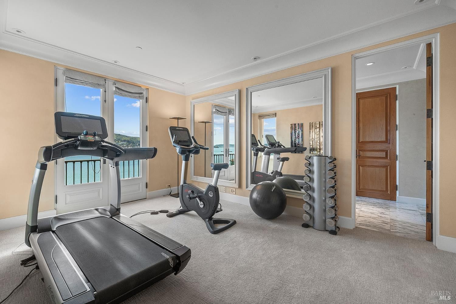 This home gym features a treadmill and a stationary bike positioned to face large windows that offer a scenic water view. The room is equipped with a vertical dumbbell rack and a stability ball, with large wall mirrors reflecting the space and adding depth. The neutral carpet and soft wall color create a clean, functional environment for exercise.