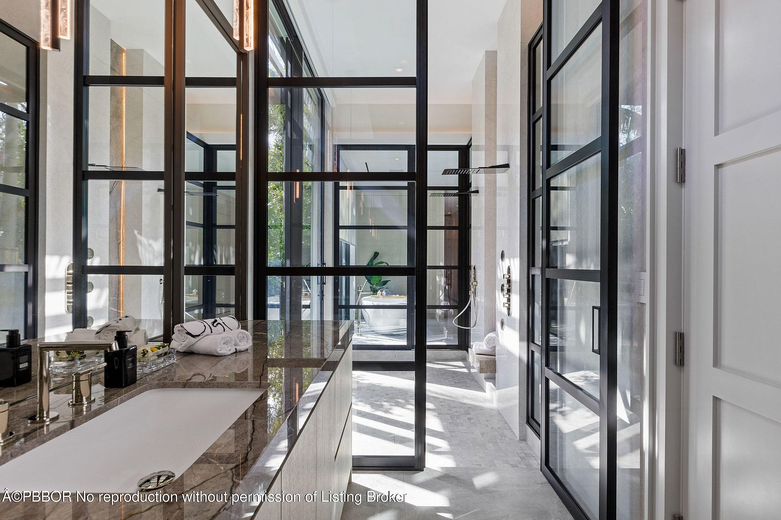 This is a luxurious primary bathroom featuring a modern design with black-framed glass partitions separating the vanity area from the shower and bathtub. The vanity boasts a marble countertop with a sleek, integrated sink and high-end fixtures. The bathroom is well-lit, showcasing the clean lines and high-quality materials used throughout the space, creating a spa-like atmosphere.