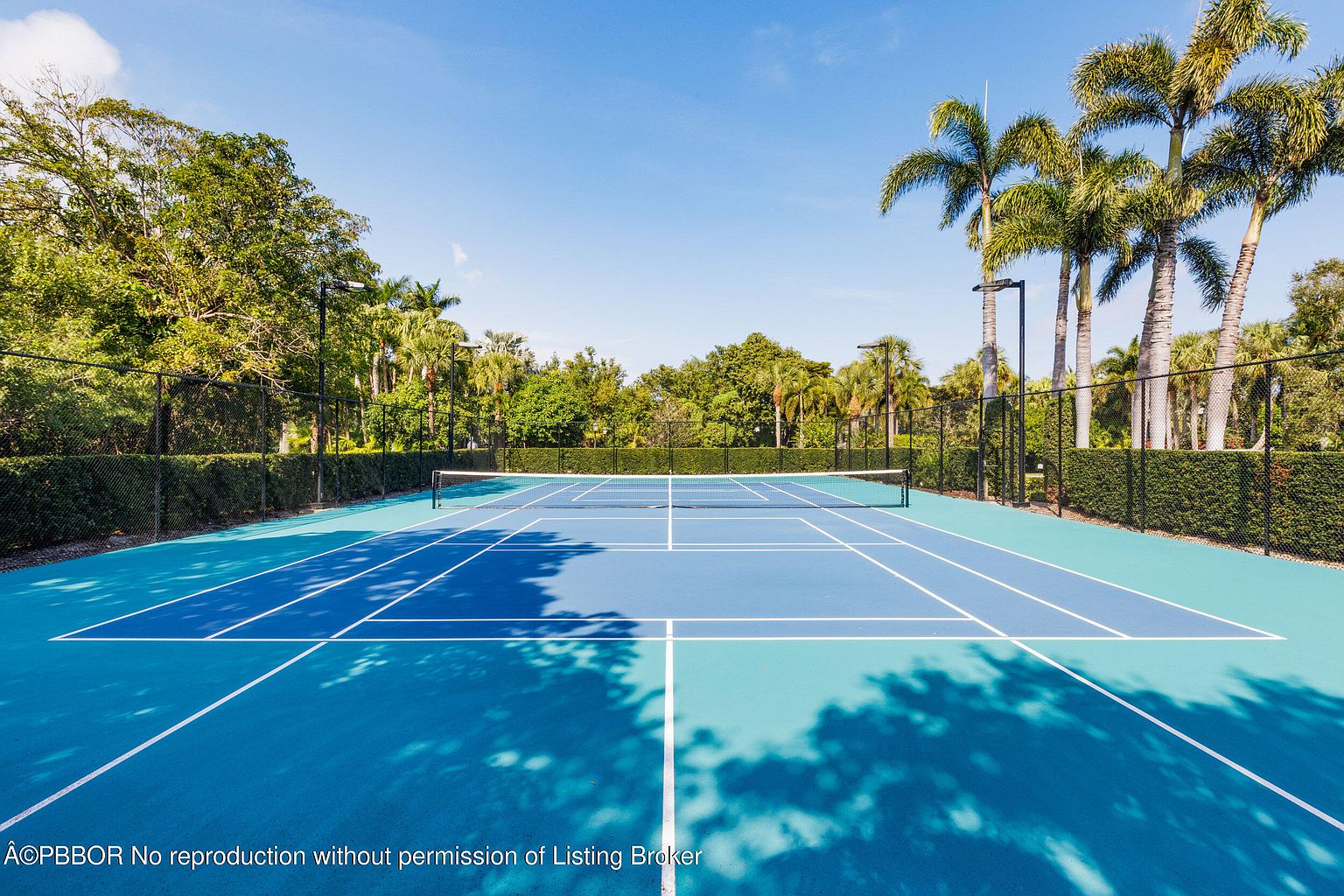 This image showcases a well-maintained tennis court with a blue and green surface, surrounded by lush greenery and palm trees under a clear blue sky. The court is enclosed by a dark fence and hedges, providing privacy and a sense of exclusivity. The perspective is a wide shot, emphasizing the court's layout and its integration within the community's landscape.