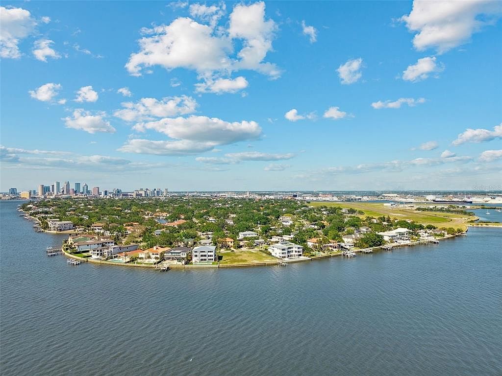 This aerial shot showcases a waterfront property with several large homes situated on a peninsula. Lush greenery covers the land, contrasting with the surrounding blue water. In the distance, a city skyline is visible under a partly cloudy sky, adding to the property's appeal and location.