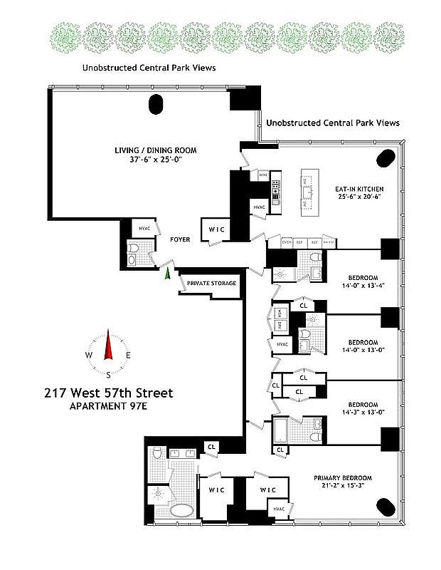 This image is a detailed architectural floor plan for Apartment 97E at 217 West 57th Street, showcasing a spacious luxury layout. The plan highlights a large living and dining room with expansive views, an eat-in kitchen, three guest bedrooms, and a primary bedroom suite with dual walk-in closets. The layout is oriented with a compass rose indicating the positioning of the unit, emphasizing its prime location with unobstructed Central Park views.