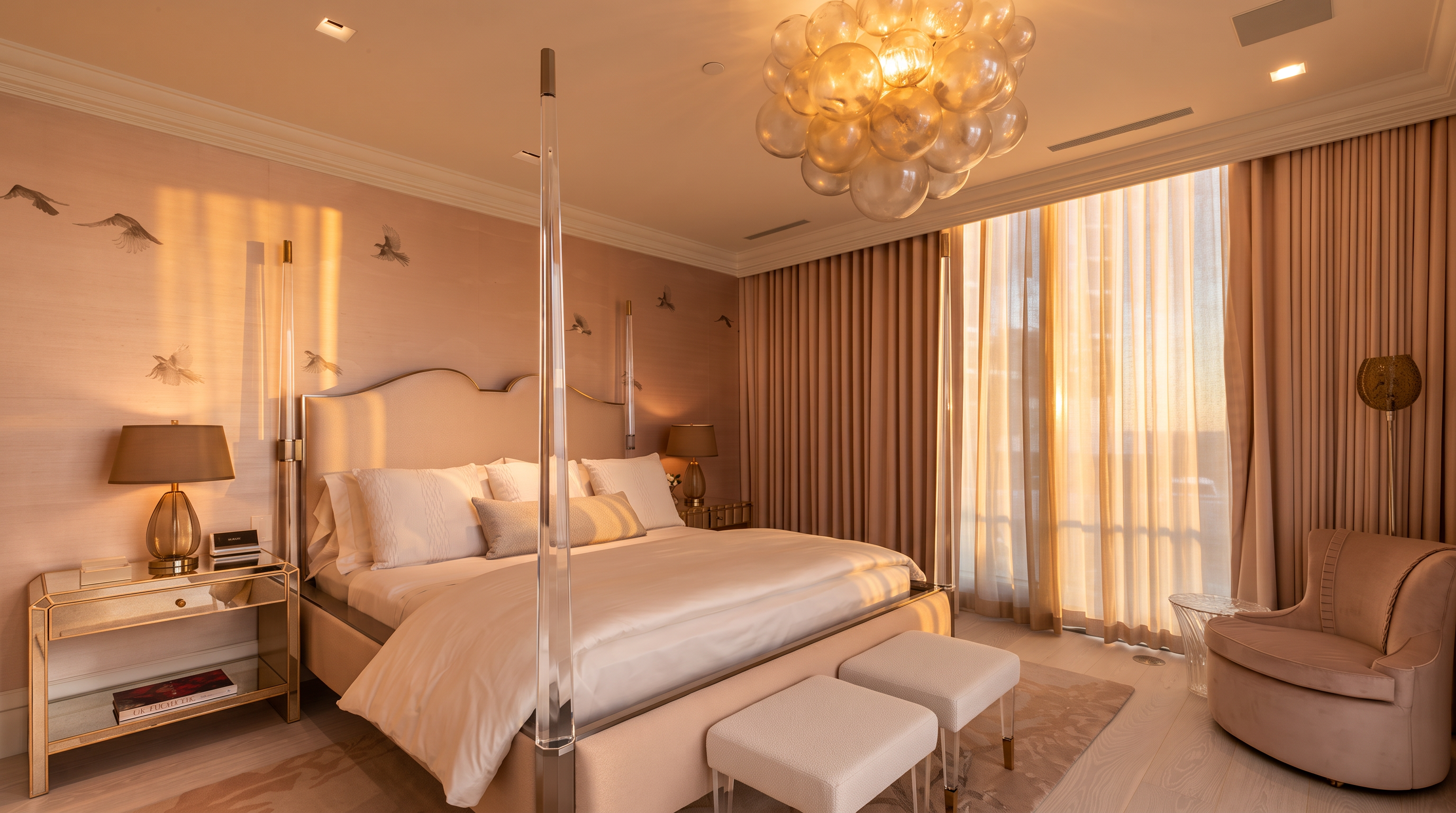 This elegant primary bedroom features a sophisticated, neutral color palette with soft blush and cream tones. The room is anchored by a prominent bed with a clear acrylic frame, complemented by mirrored nightstands and a cluster of glass globe pendant lights. Large windows draped in floor-to-ceiling curtains allow natural light to fill the space, which is further accented by a patterned wall covering and a plush armchair in the corner.