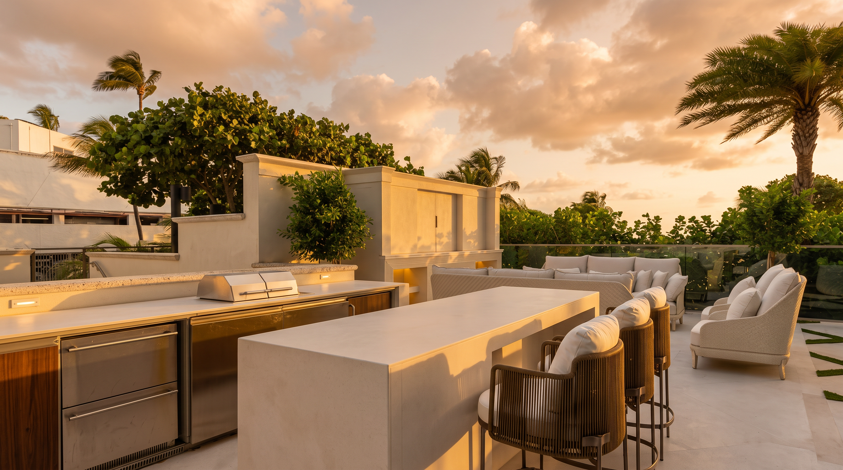 This expansive rooftop terrace features a sleek outdoor kitchen with a built-in grill and a long, minimalist bar counter with matching woven chairs. A comfortable seating area with plush white cushions is arranged nearby, all set against a backdrop of lush green trees and a bright blue sky. The space offers a sophisticated, modern aesthetic perfect for outdoor entertaining and relaxation.