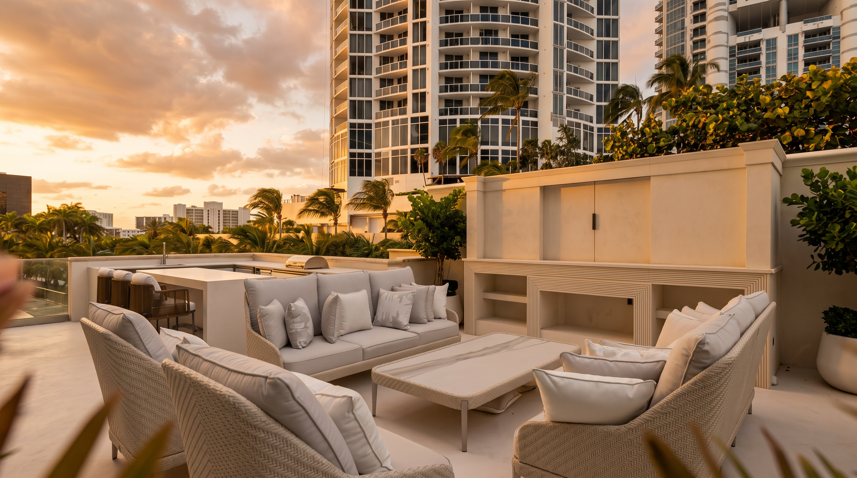 This expansive outdoor terrace features a sophisticated lounge area with plush, light-toned seating arranged around a central coffee table. In the background, a built-in outdoor kitchen with a grill and bar seating provides a perfect space for entertaining, while a tall, minimalist wall structure adds privacy. The scene is set against a backdrop of high-rise architecture and lush palm trees, creating a luxurious, resort-like atmosphere.