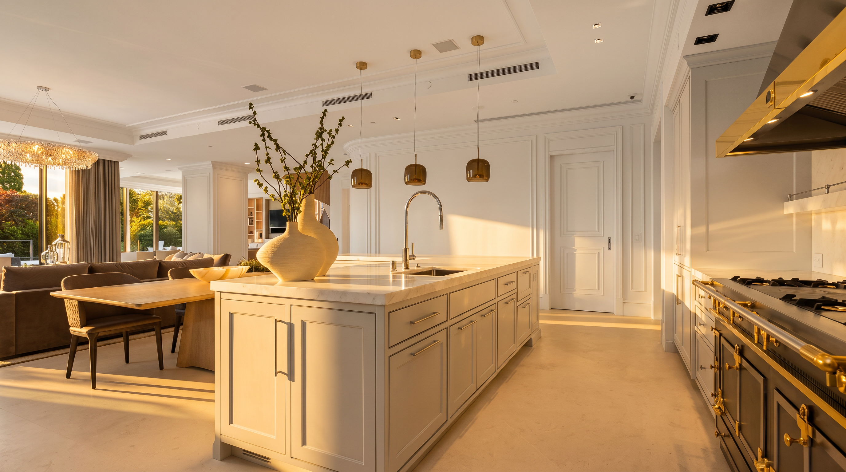 This elegant, high-end kitchen features a large central island with a light-toned stone countertop and a sleek undermount sink. The space is defined by soft gray cabinetry, gold-toned hardware, and a professional-grade range with a matching gold-accented hood. Three pendant lights hang above the island, while an open-concept layout seamlessly connects the kitchen to a dining area and living space in the background.