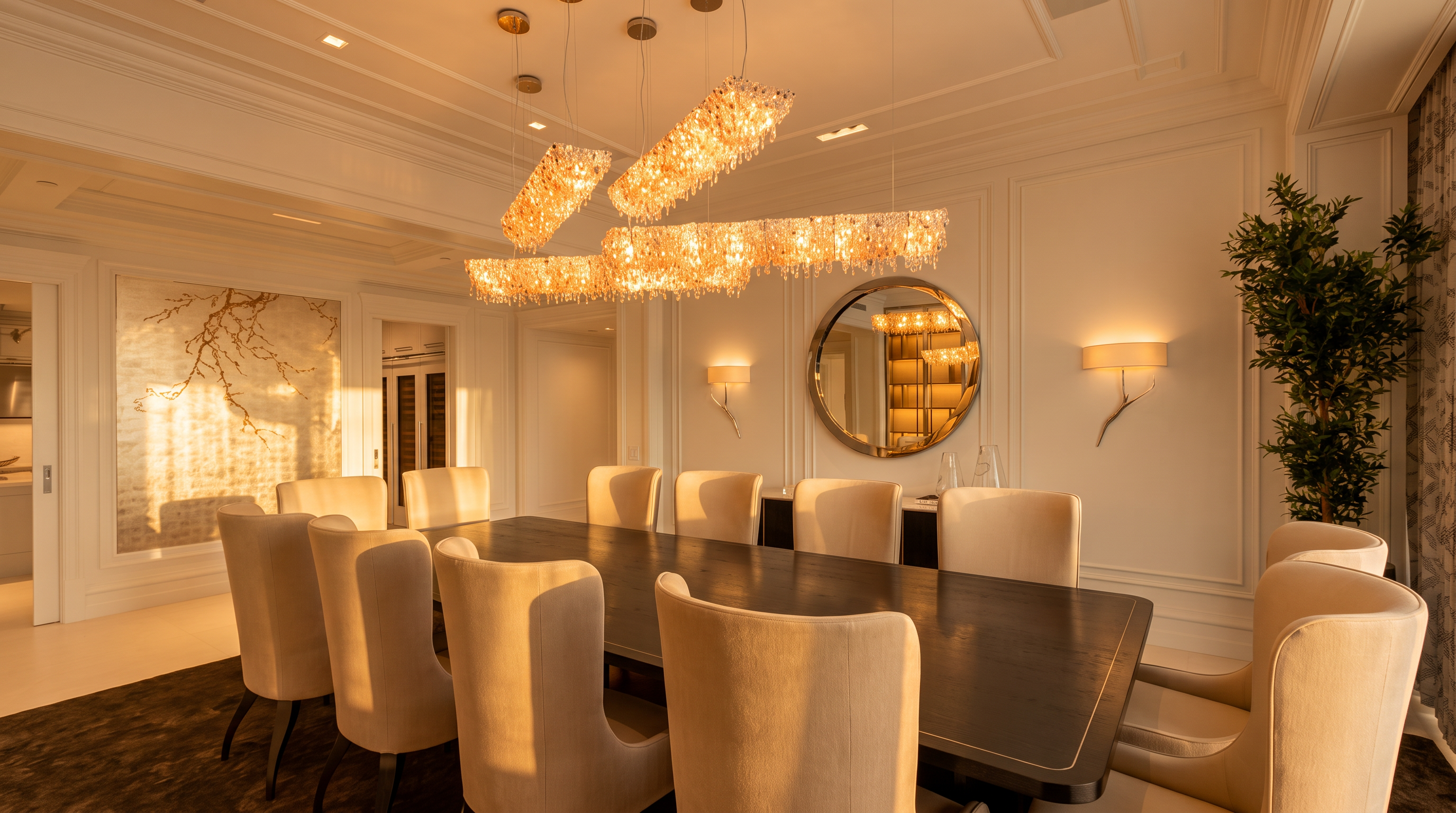 This elegant dining room features a long, dark-toned table surrounded by ten upholstered chairs in a neutral fabric. A striking, multi-tiered crystal chandelier serves as the focal point above the table, complemented by wall sconces and a large circular mirror on the wall. The room is finished with crisp white walls, decorative molding, and a dark rug, creating a sophisticated and formal atmosphere.