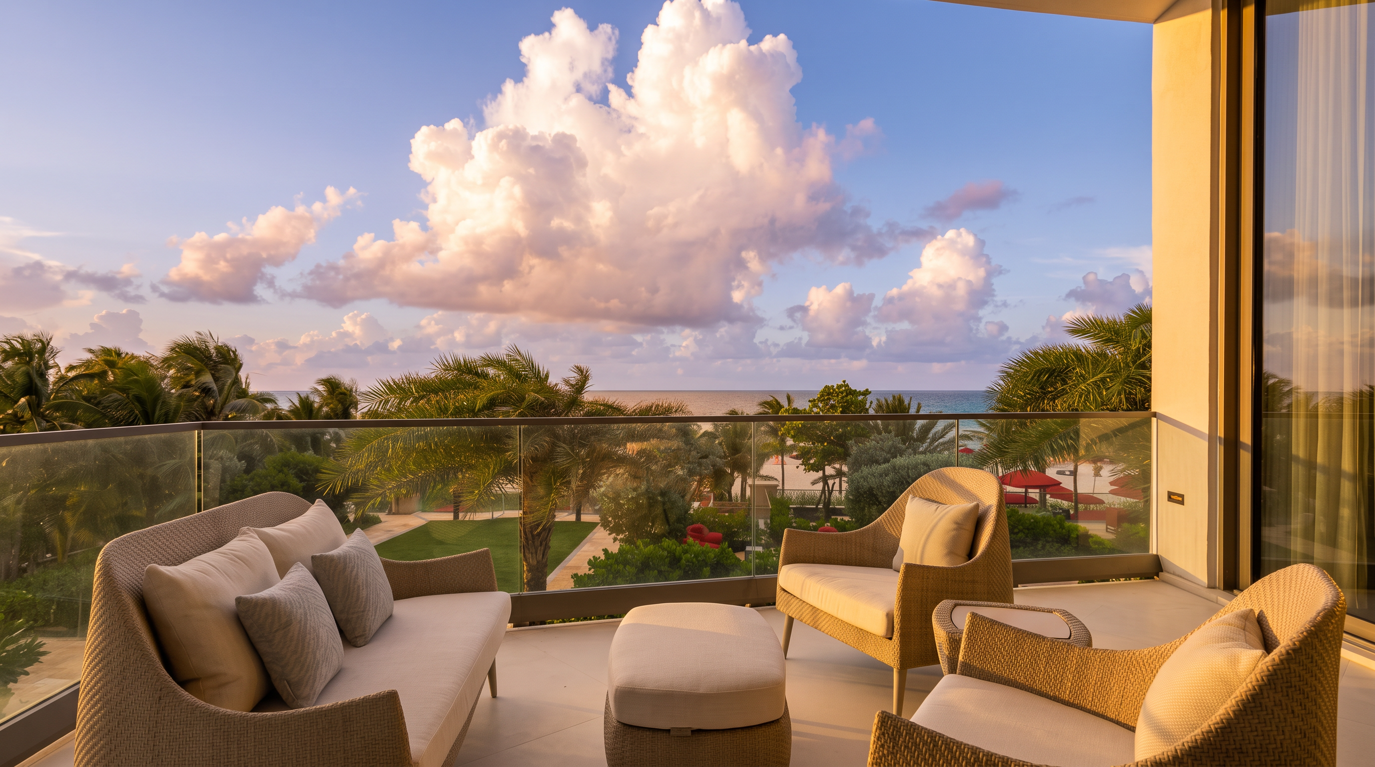 This spacious balcony offers a serene outdoor living space furnished with a light-toned sofa, two armchairs, and a matching ottoman. The area features a sleek glass railing that provides an unobstructed, panoramic view of the lush tropical landscaping, sandy beach, and the vibrant blue ocean under a bright, cloudy sky. The setting creates a tranquil, resort-like atmosphere perfect for relaxation and enjoying the coastal scenery.