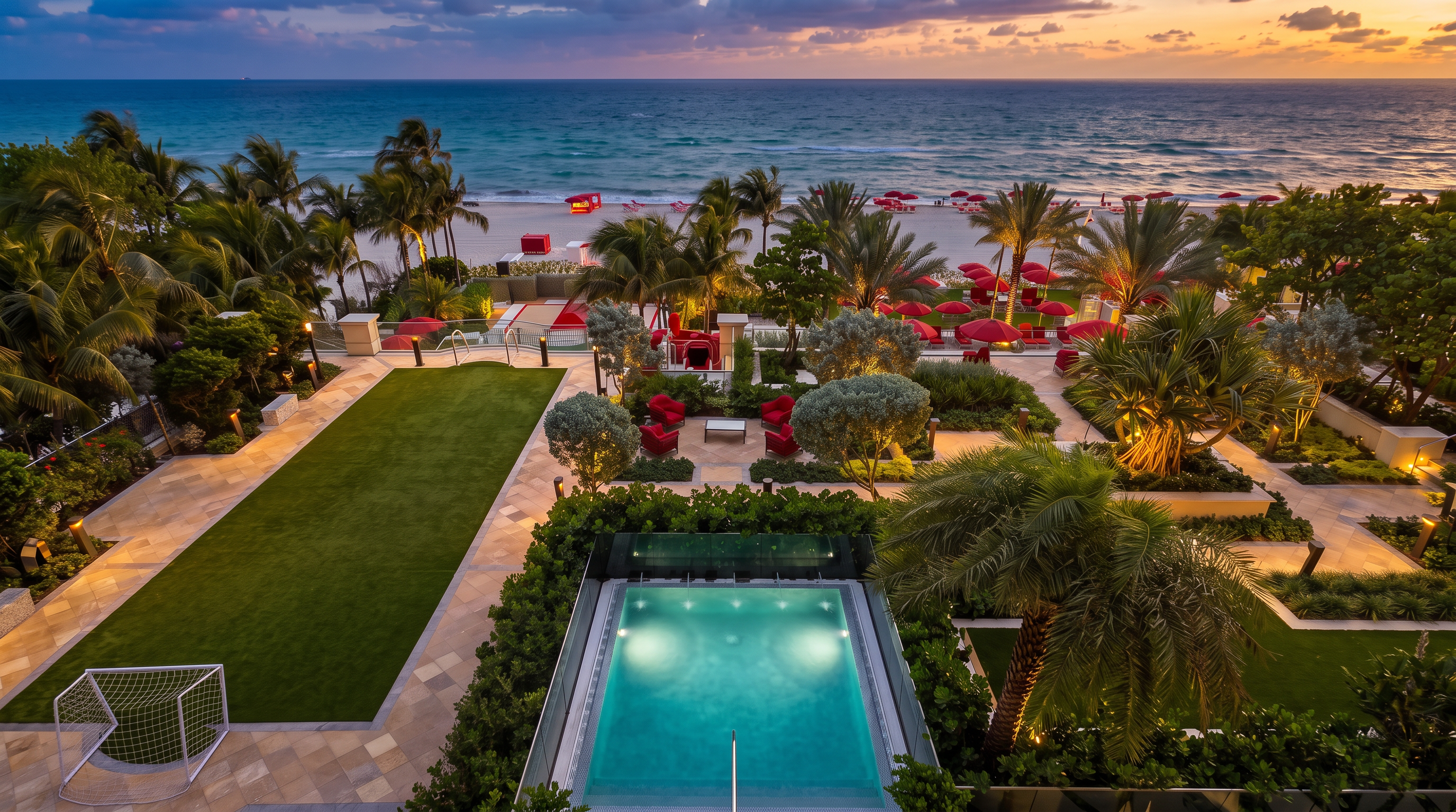 This high-angle, aerial perspective showcases a luxurious tropical resort or private estate at sunset, featuring an immaculately manicured lawn, a sparkling illuminated swimming pool, and a private path leading directly to a pristine beach. The property is thoughtfully landscaped with palm trees and native foliage, highlighted by soft accent lighting that creates an inviting, upscale atmosphere. The expansive view of the ocean horizon combined with the sophisticated outdoor amenities highlights the property's prime waterfront location and elegant aesthetic.