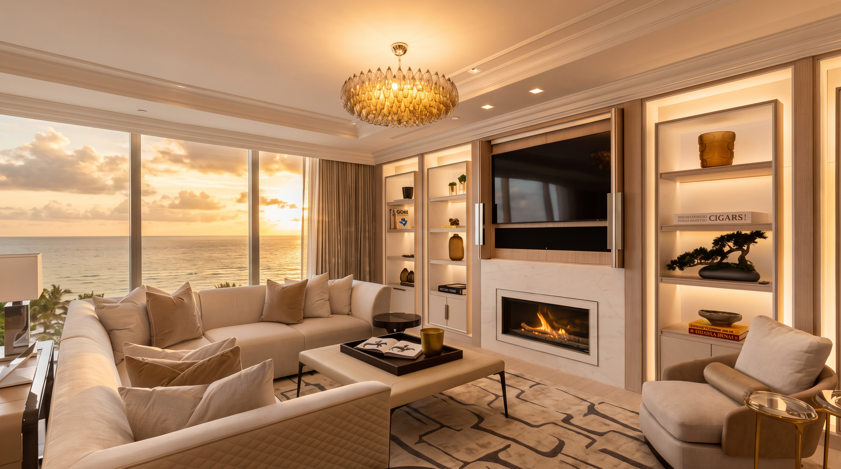 This sophisticated living room features a plush, light-toned sectional sofa and a matching armchair arranged around a central ottoman. A prominent feature is the wall-mounted television positioned above a sleek fireplace with a stone-clad surround, flanked by built-in shelving units displaying curated decor. Large windows provide an expansive, unobstructed view of the ocean, while a decorative chandelier hangs from the ceiling to complete the luxurious, modern aesthetic.