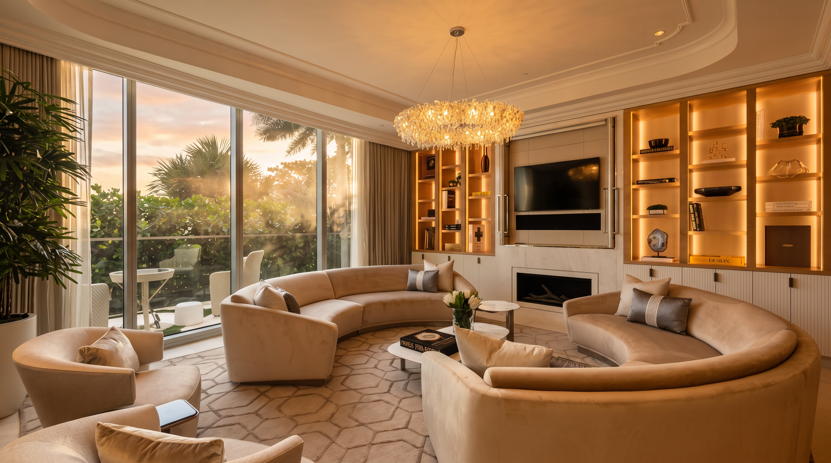 This sophisticated living room features a curved, cream-colored sectional sofa arrangement centered around a low coffee table on a geometric-patterned area rug. A prominent crystal chandelier hangs from the tray ceiling, while a wall-mounted television is integrated into a custom built-in unit with illuminated shelving and a fireplace below. Large windows provide an expansive view of the lush outdoor greenery and a private balcony, creating a bright and airy atmosphere.