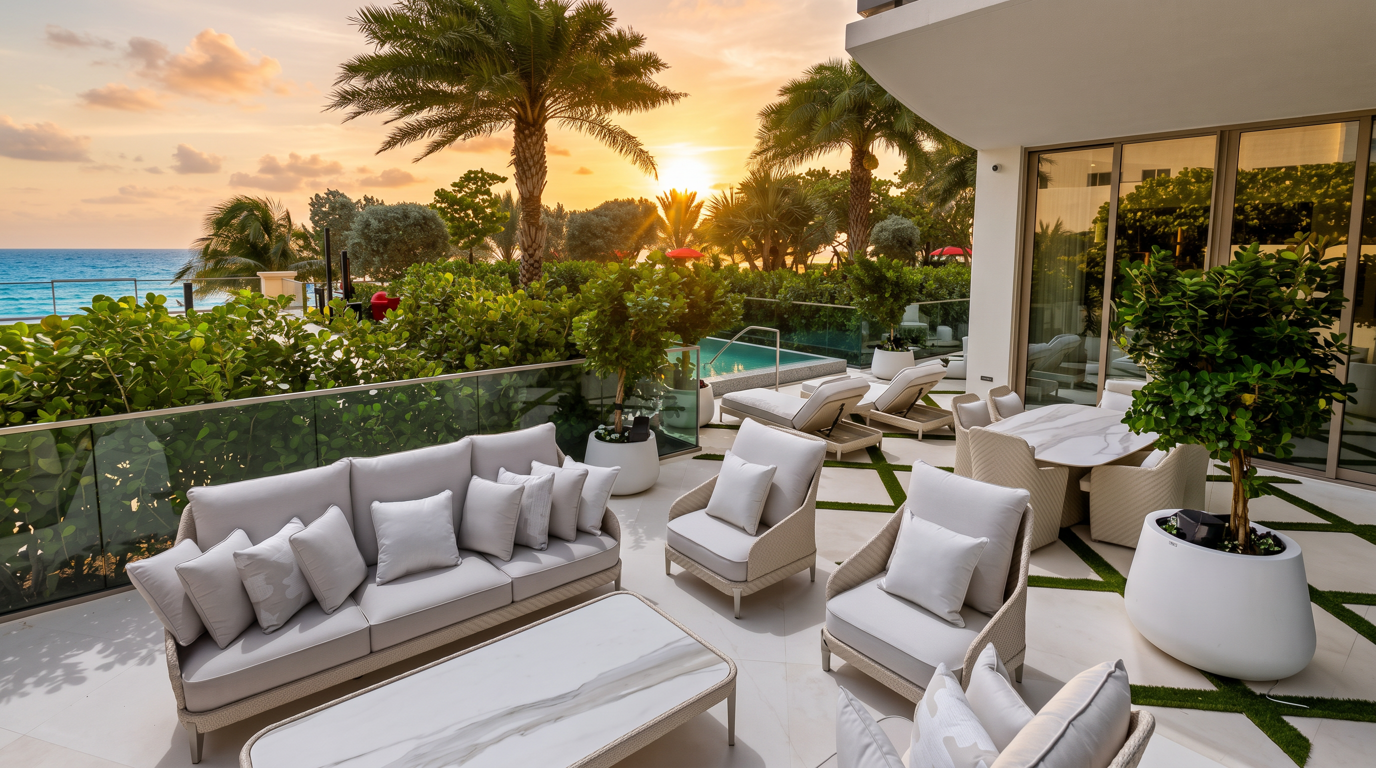 This expansive, modern outdoor terrace features a luxurious lounge area with light-toned, plush seating and a matching stone-topped coffee table. The space seamlessly transitions to a dining area and a private plunge pool, all framed by lush tropical landscaping and a clear view of the ocean. The bright, sun-drenched atmosphere and contemporary furnishings create an inviting, high-end resort-style living environment.