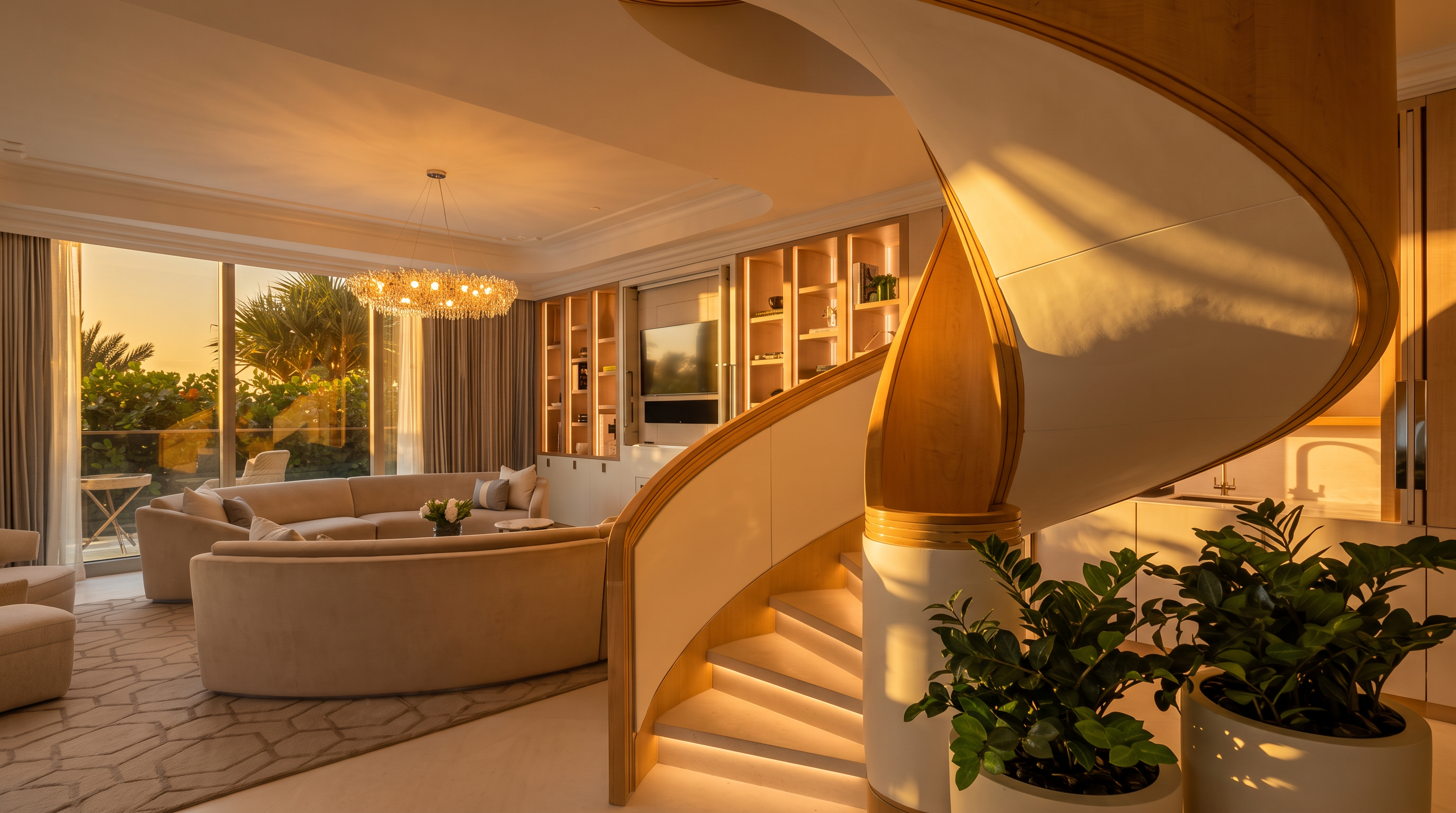This sophisticated living space features a striking, curved staircase with light wood accents and integrated step lighting as a central architectural focal point. The room is furnished with a plush, curved sofa and a modern chandelier, creating an elegant and cohesive seating area. Large glass doors provide a seamless transition to the outdoor balcony, filling the room with natural light and offering a view of lush greenery.
